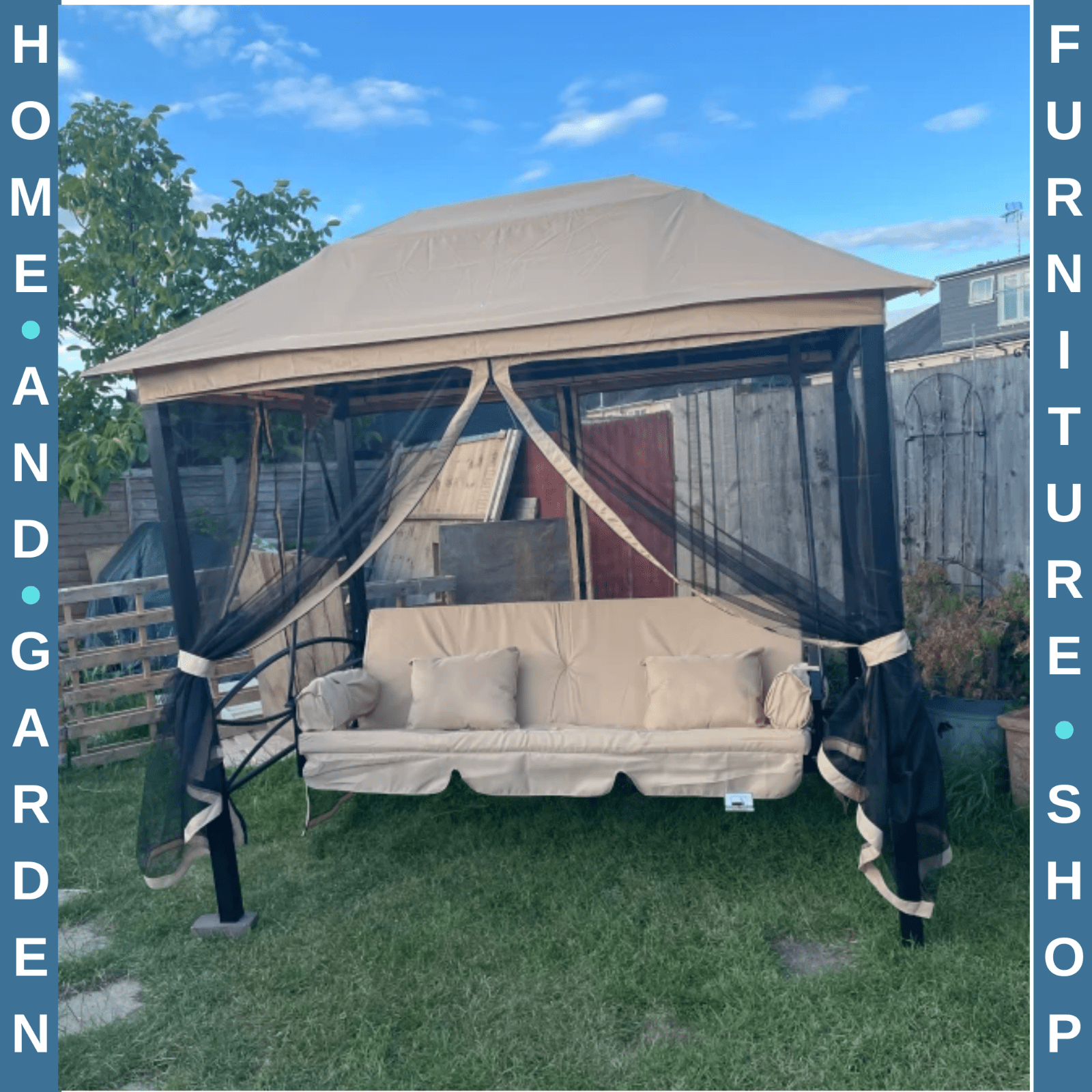 3 Seater Garden Swing Chair Day Bed Patio Gazebo Sides Sun Shade Canopy Cushion - Home and Garden Furniture Shop - rustic - furniture