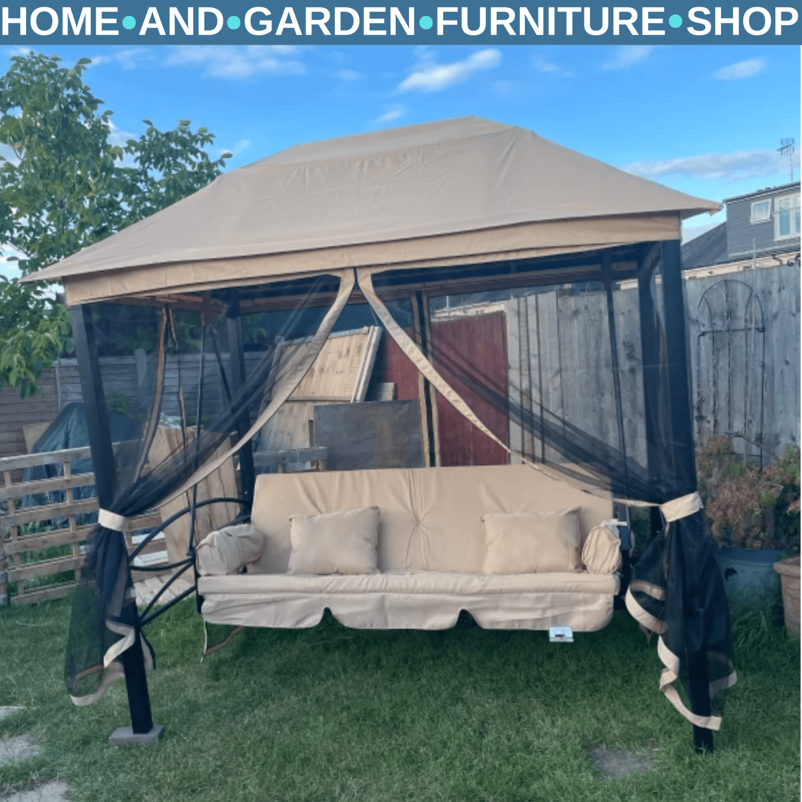 3 Seater Garden Swing Chair Day Bed Patio Gazebo Sides Sun Shade Canopy Cushion - Home and Garden Furniture Shop - rustic - furniture