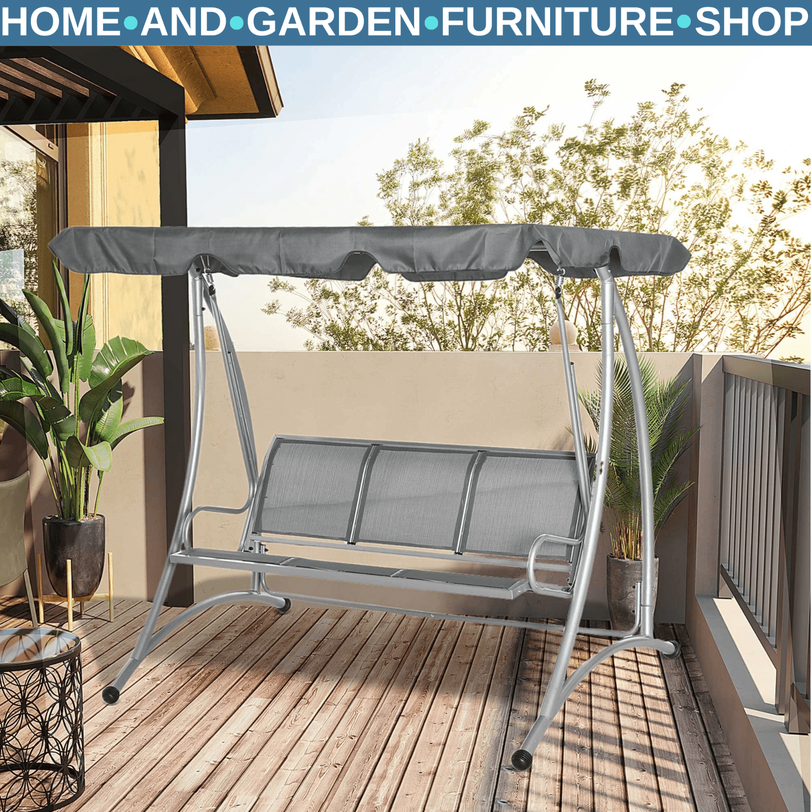3 Seater Garden Swing Chair Steel Hammock Bench with Adjustable Canopy Sun Roof - Home and Garden Furniture Shop - rustic - furniture