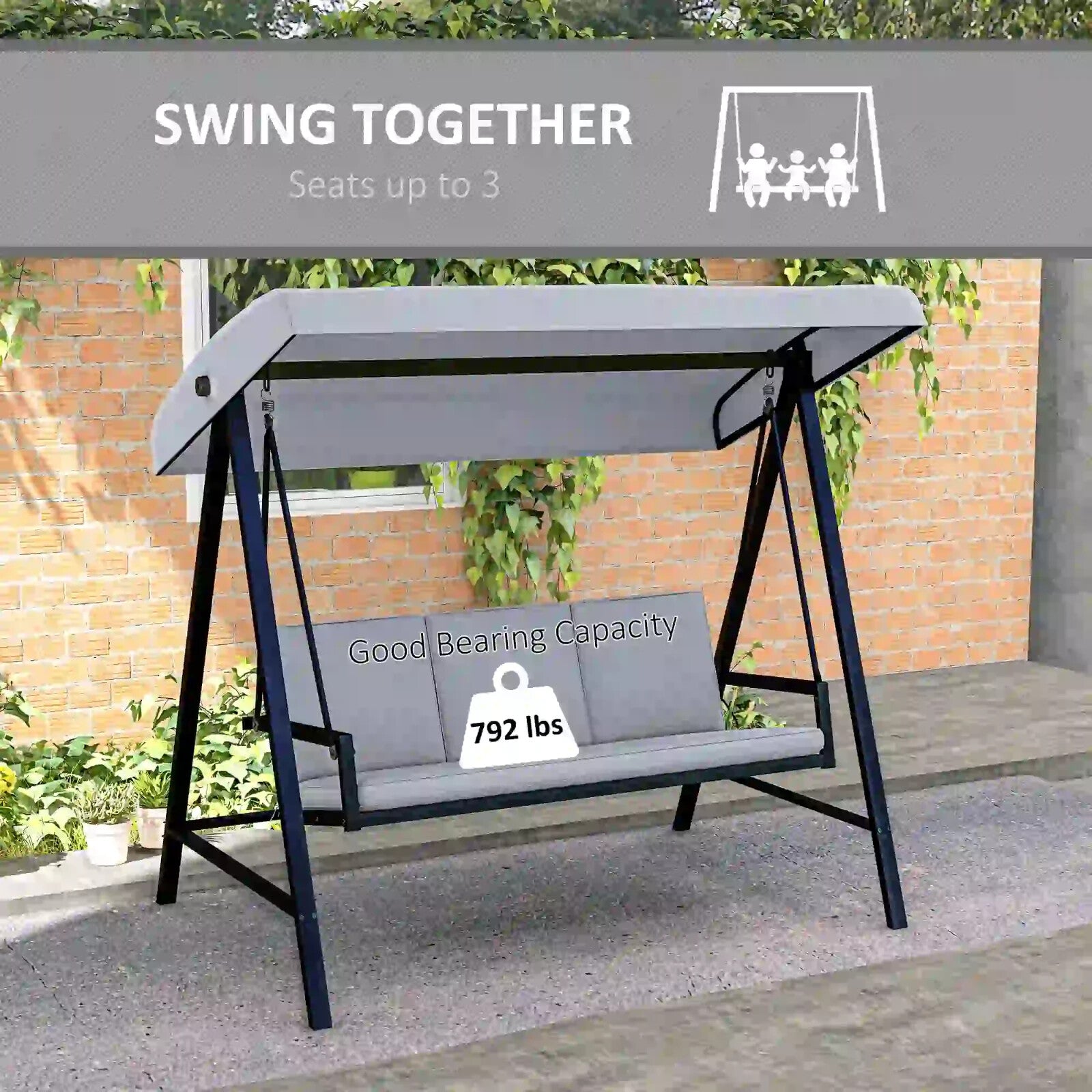 3 Seater Garden Swing Chair with Adjustable Canopy and Cushions Grey Patio Swing - Home and Garden Furniture Shop - rustic - furniture