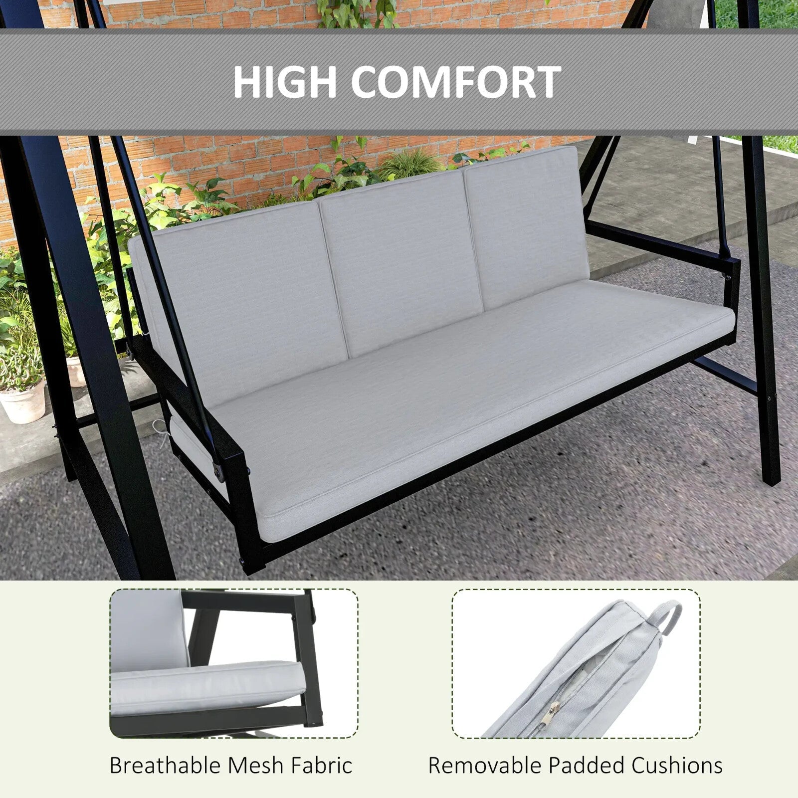 3 Seater Garden Swing Chair with Adjustable Canopy and Cushions Grey Patio Swing - Home and Garden Furniture Shop - rustic - furniture