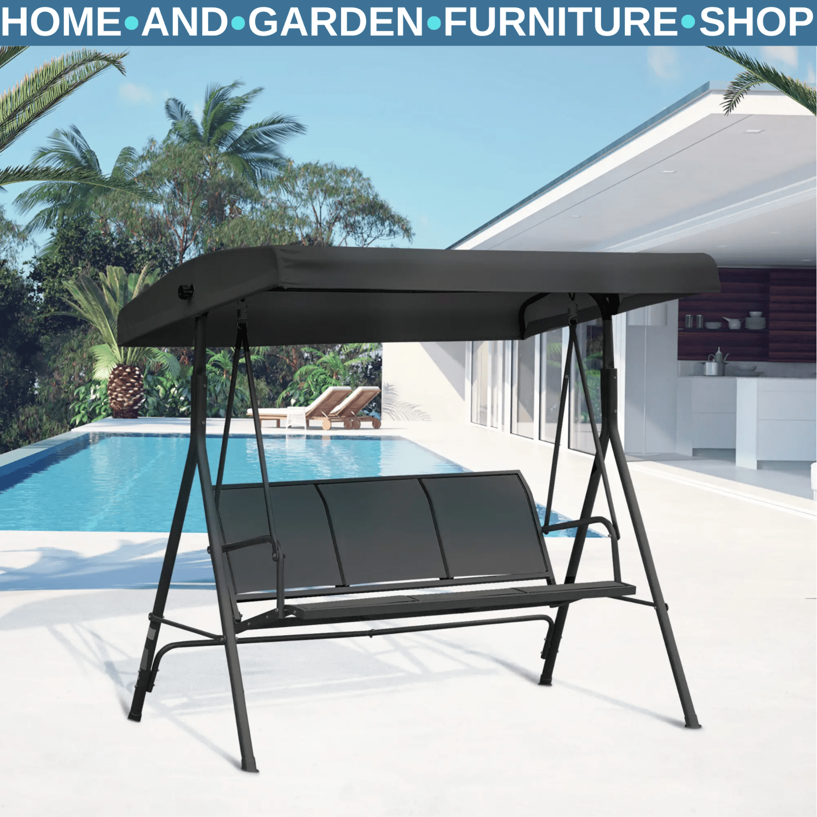 3 Seater Garden Swing Chair with Canopy Patio Swing Outdoor Sun Shade Seat Black - Home and Garden Furniture Shop - rustic - furniture