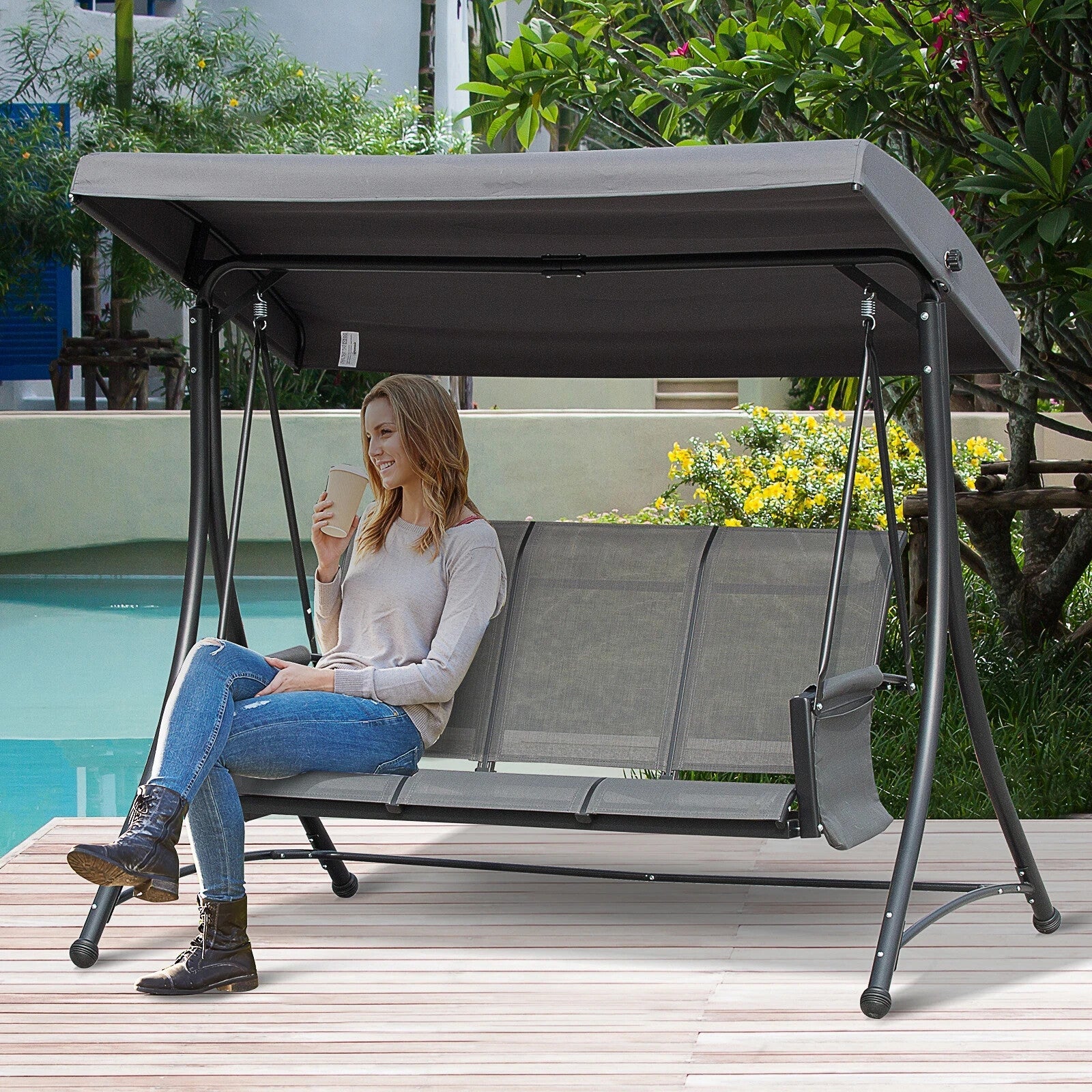 3 Seater Garden Swing Seat w/ High Back Adjustable Canopy and Side Storage Pouch - Home and Garden Furniture Shop - rustic - furniture