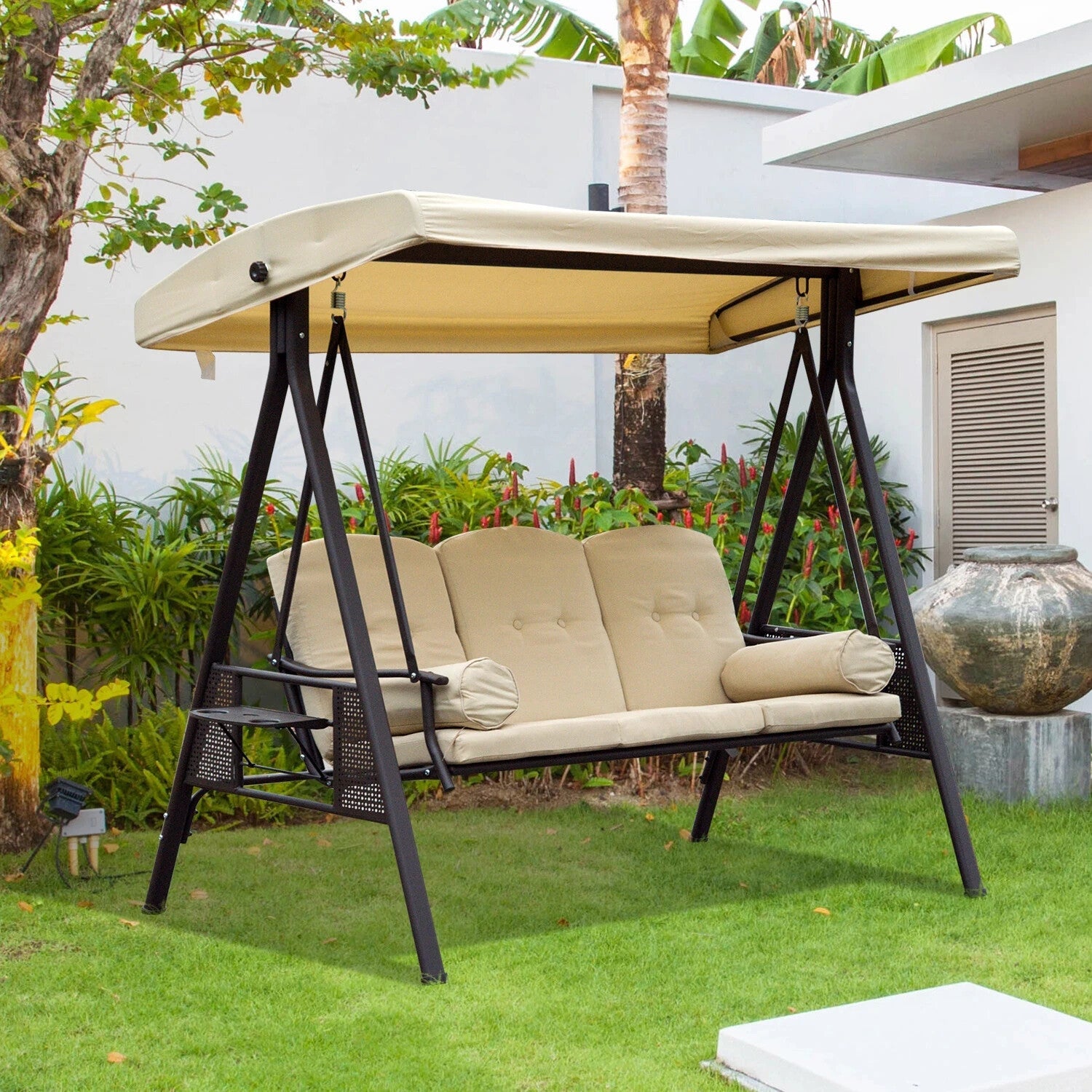 3 Seater Outdoor Garden Swing Chair with Steel Frame Patio Seat Bench w/ Canopy - Home and Garden Furniture Shop - rustic - furniture
