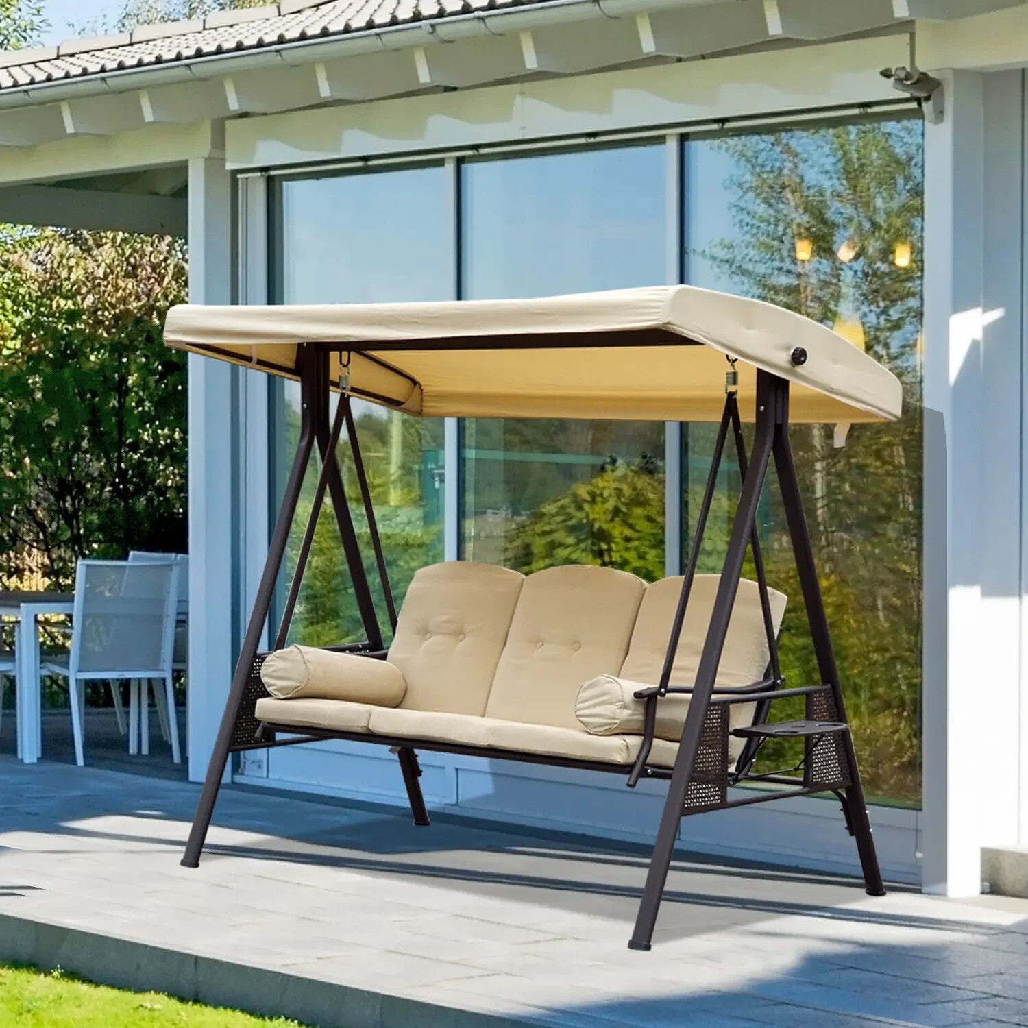 3 Seater Outdoor Garden Swing Chair with Steel Frame Patio Seat Bench w/ Canopy - Home and Garden Furniture Shop - rustic - furniture