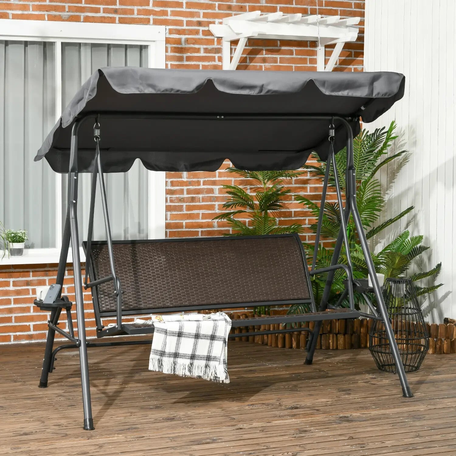 3 Seater Rattan Garden Swing Chair w/ Adjustable Canopy & Steel Frame for Patio - Home and Garden Furniture Shop - rustic - furniture