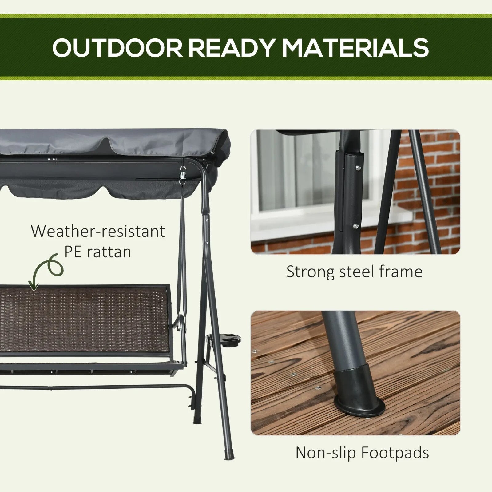 3 Seater Rattan Garden Swing Chair w/ Adjustable Canopy & Steel Frame for Patio - Home and Garden Furniture Shop - rustic - furniture
