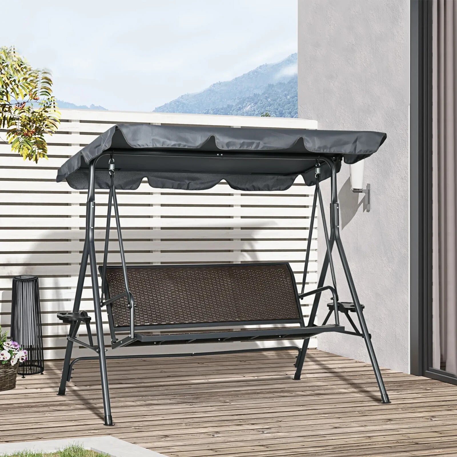 3 Seater Rattan Garden Swing Chair w/ Adjustable Canopy & Steel Frame for Patio - Home and Garden Furniture Shop - rustic - furniture