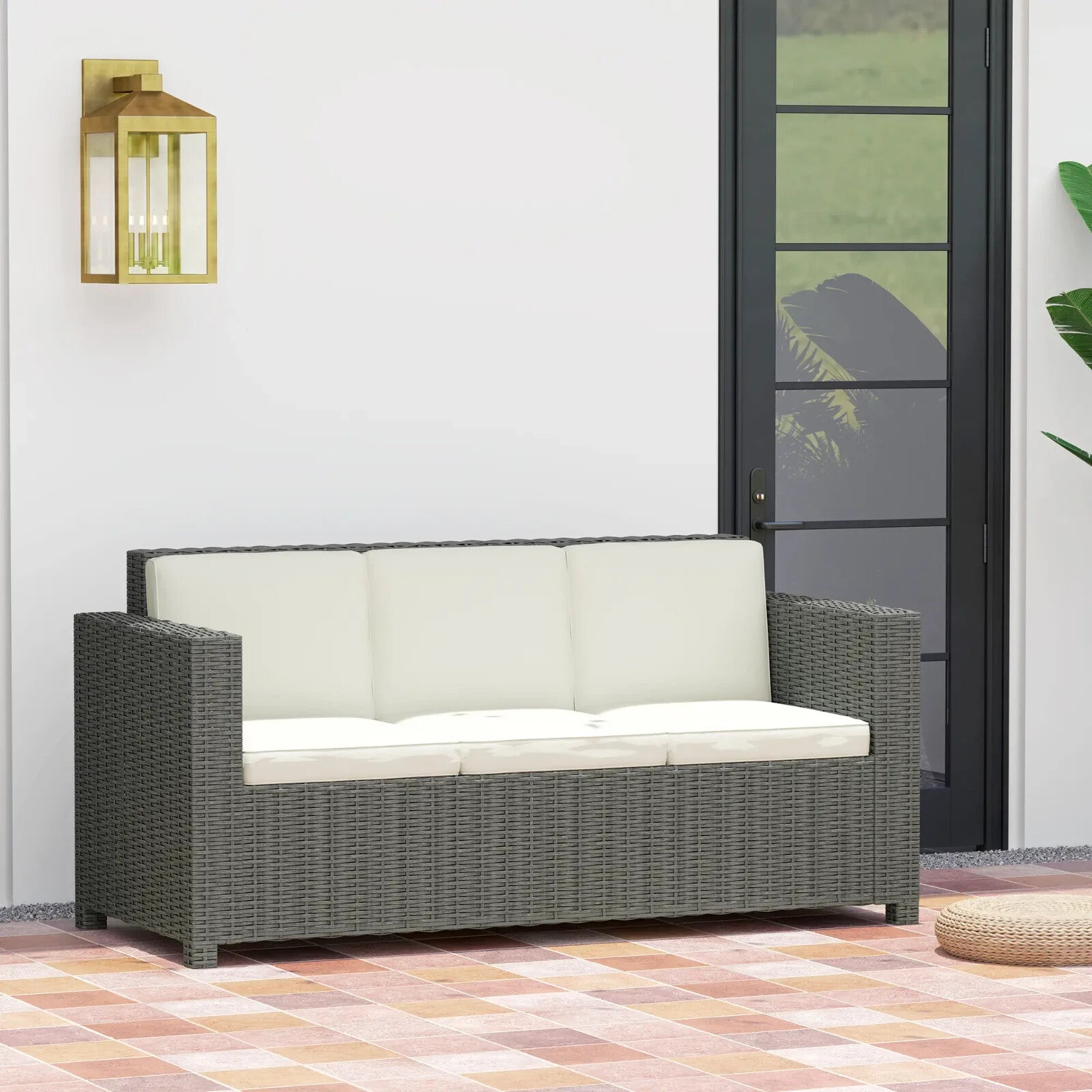 3 Seater Rattan Sofa Wicker Garden Chair W/ Fire Resistant Cushion & Metal Frame - Home and Garden Furniture Shop - rustic - furniture