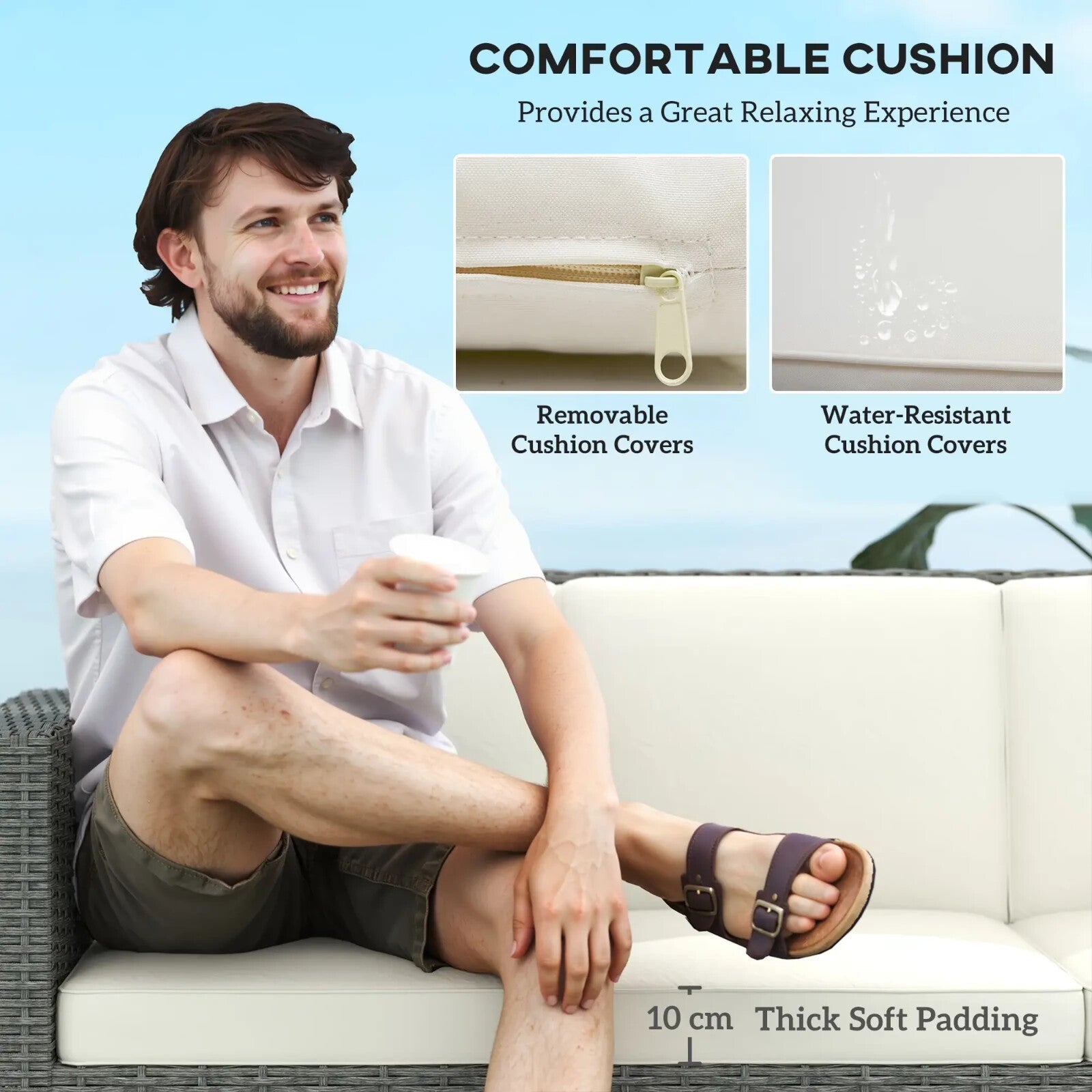 3 Seater Rattan Sofa Wicker Garden Chair W/ Fire Resistant Cushion & Metal Frame - Home and Garden Furniture Shop - rustic - furniture