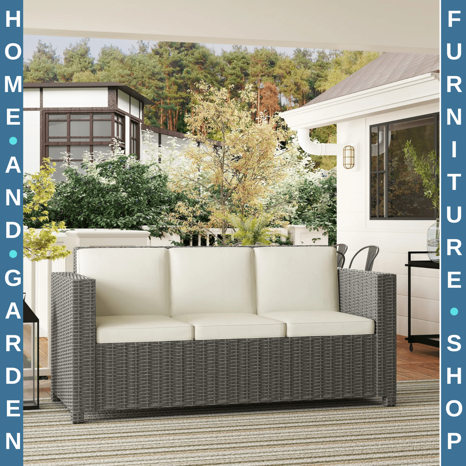 3 Seater Rattan Sofa Wicker Garden Chair W/ Fire Resistant Cushion & Metal Frame - Home and Garden Furniture Shop - rustic - furniture