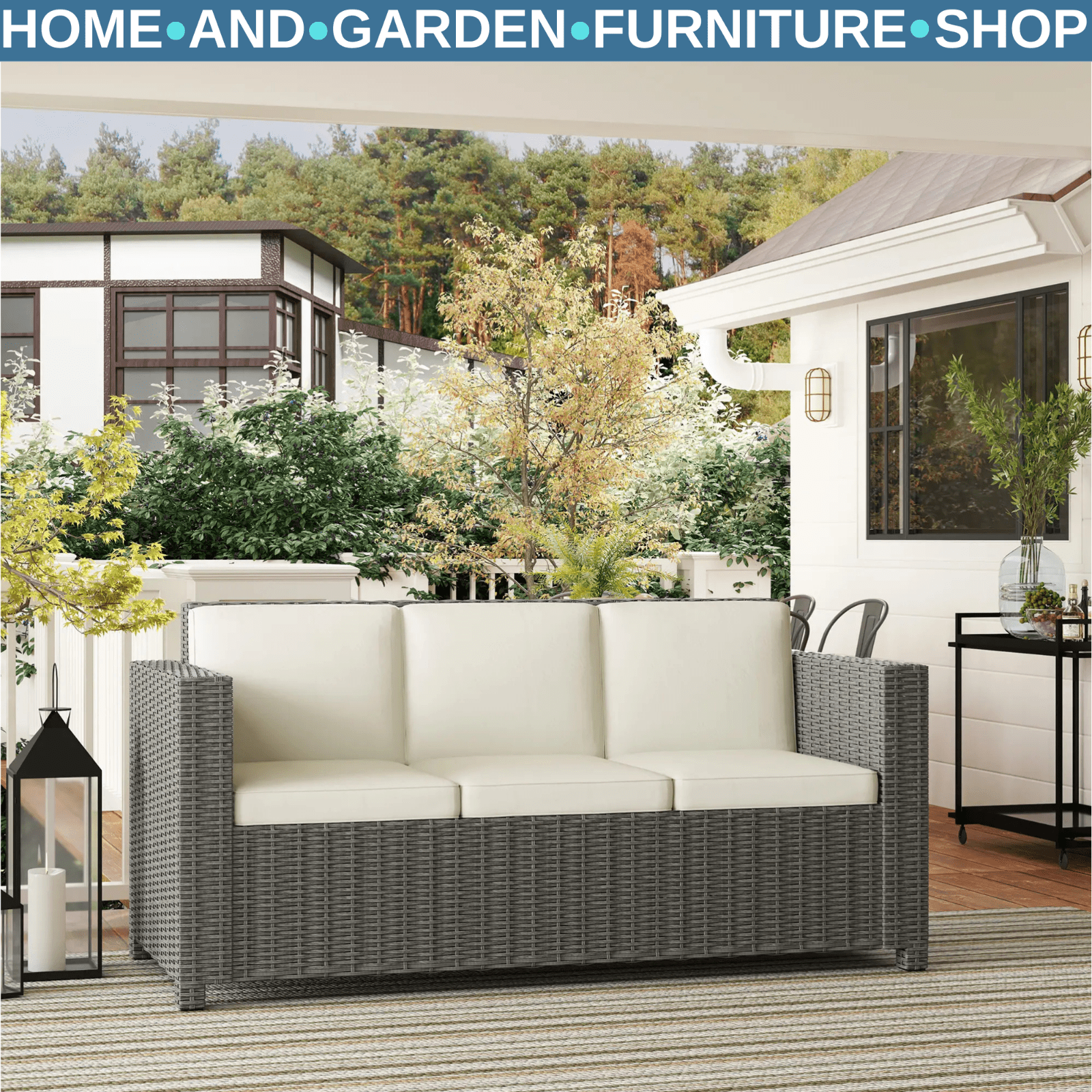 3 Seater Rattan Sofa Wicker Garden Chair W/ Fire Resistant Cushion & Metal Frame - Home and Garden Furniture Shop - rustic - furniture