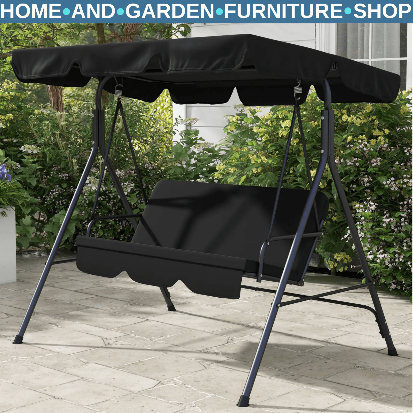 3 Seater Swing Chair Patio Garden Furniture Black Swing Seat Adjustable Canopy - Home and Garden Furniture Shop - rustic - furniture