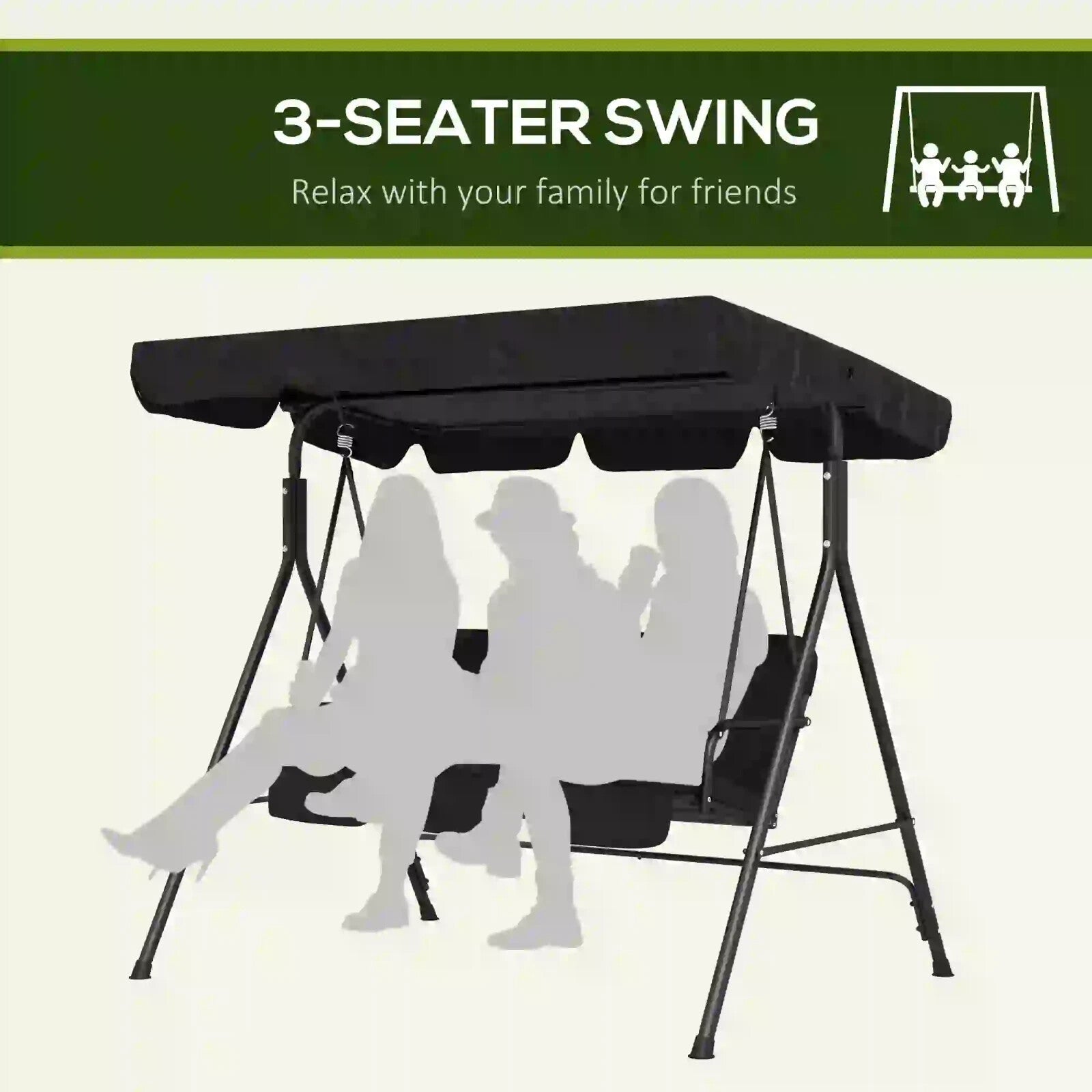 3 Seater Swing Chair Patio Garden Furniture Black Swing Seat Adjustable Canopy - Home and Garden Furniture Shop - rustic - furniture