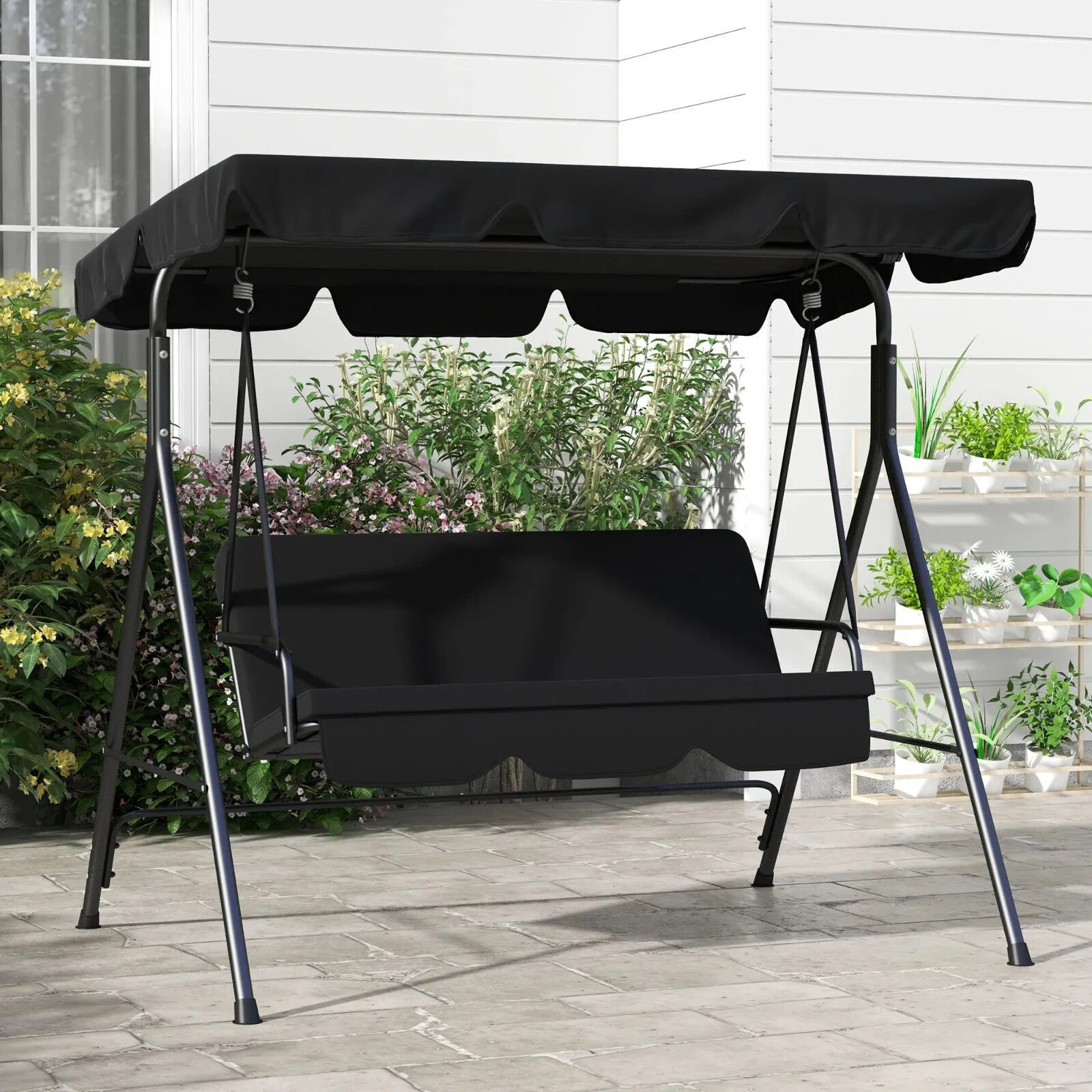 3 Seater Swing Chair Patio Garden Furniture Black Swing Seat Adjustable Canopy - Home and Garden Furniture Shop - rustic - furniture