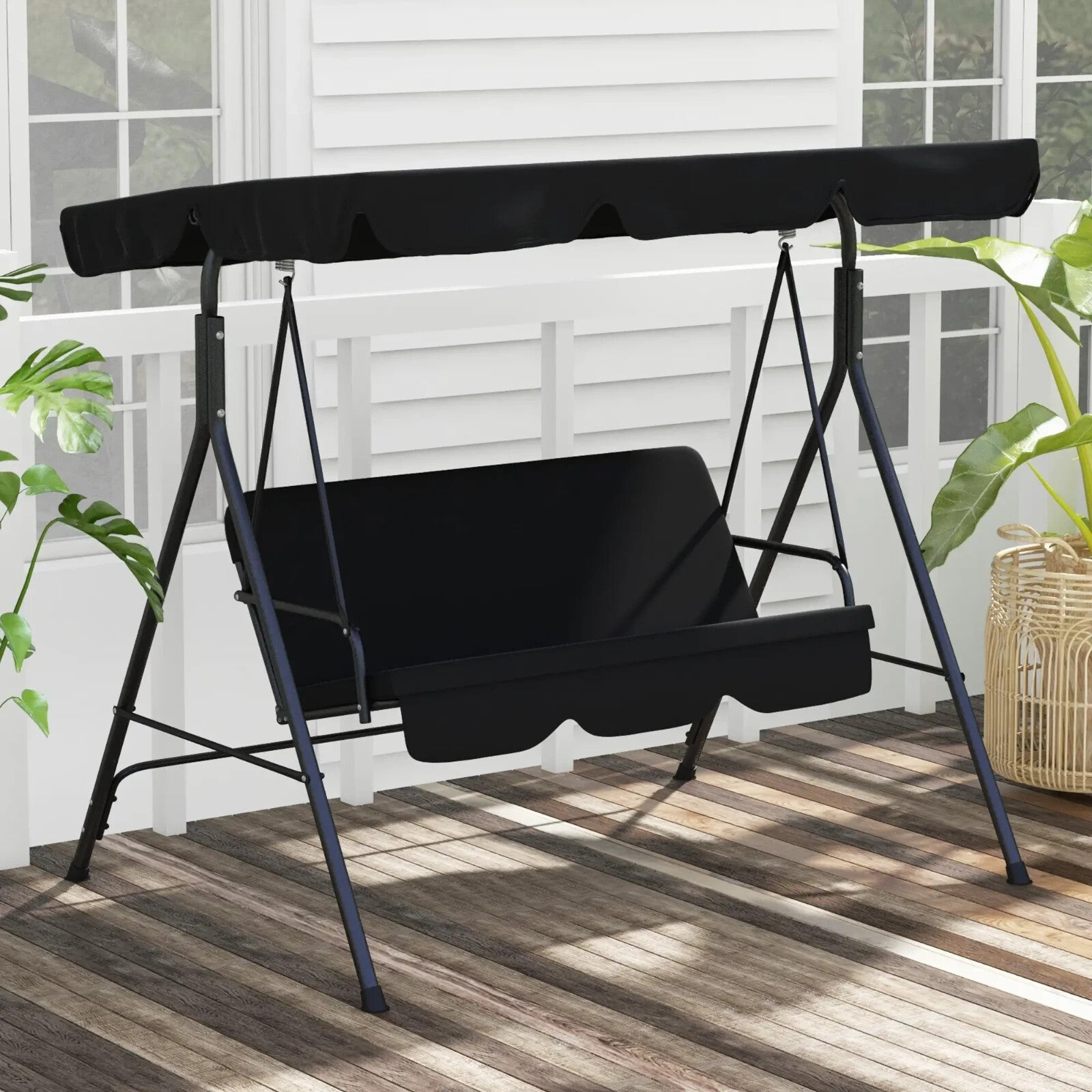 3 Seater Swing Chair Patio Garden Furniture Black Swing Seat Adjustable Canopy - Home and Garden Furniture Shop - rustic - furniture