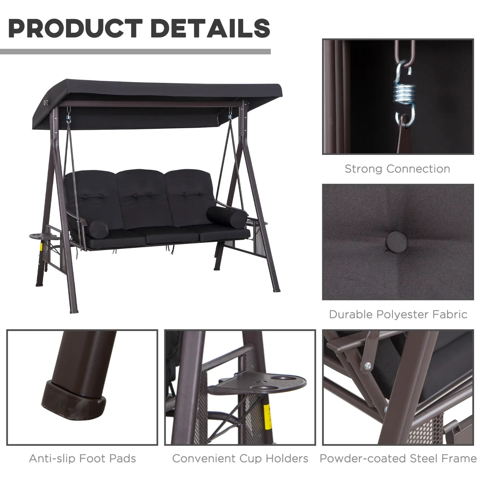 3 Seater Swing Hammock Chair Canopy and Cushions Garden Patio Bench Black - Home and Garden Furniture Shop - rustic - furniture