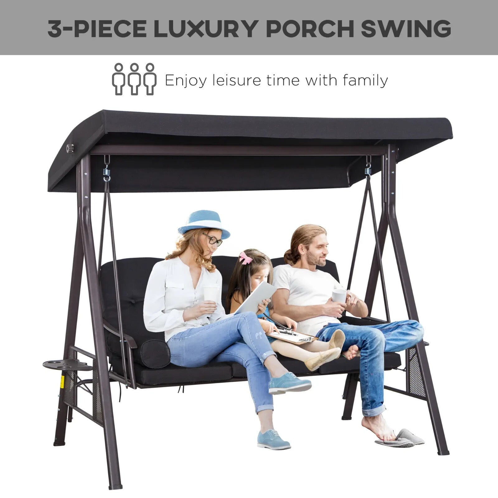 3 Seater Swing Hammock Chair Canopy and Cushions Garden Patio Bench Black - Home and Garden Furniture Shop - rustic - furniture