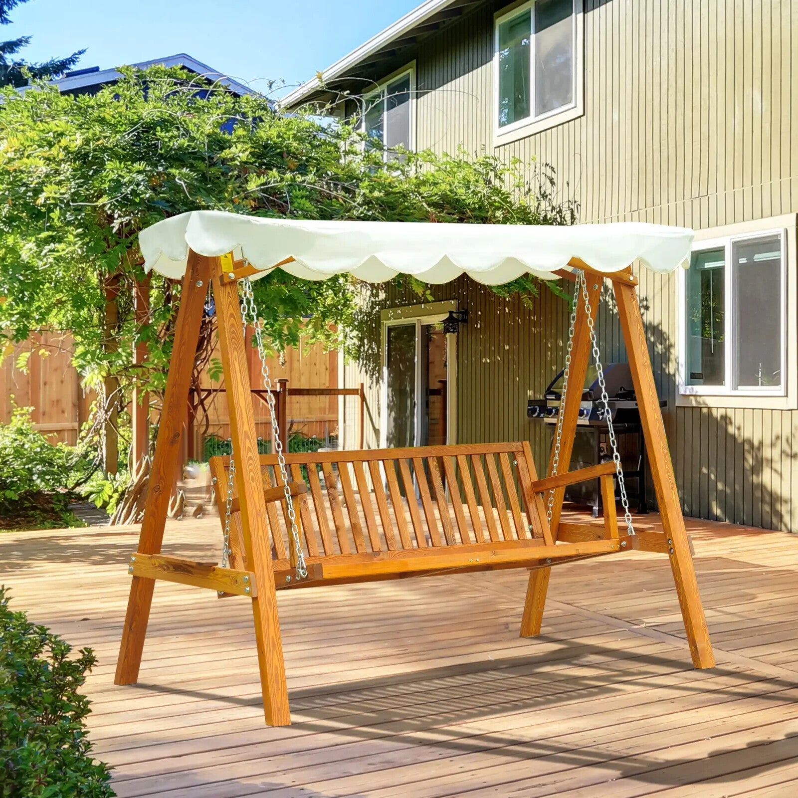 3 Seater Wooden Garden Swing Bench Outdoor Patio Chair w/ Backrest Canopy White - Home and Garden Furniture Shop - rustic - furniture