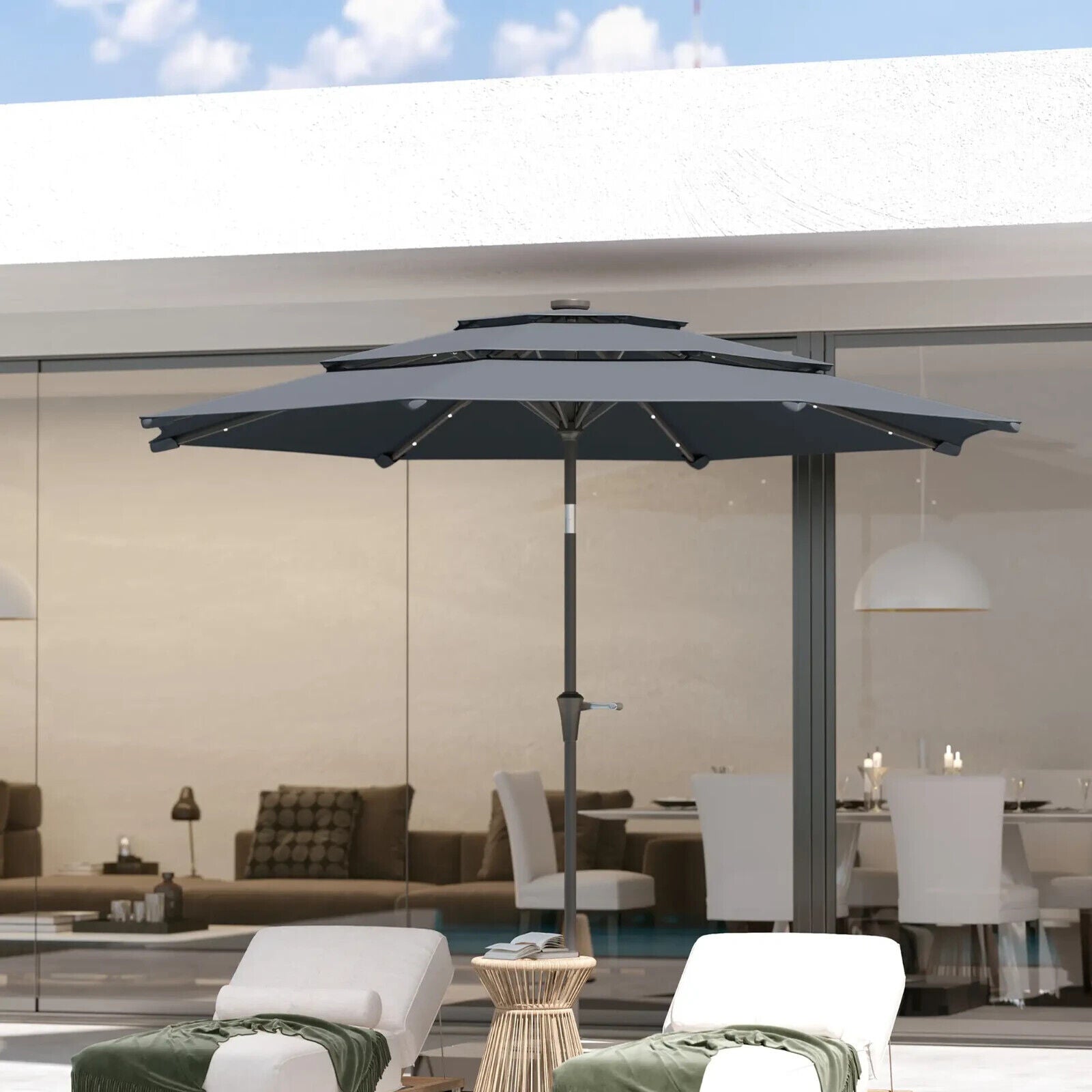 3 Tier Garden Parasol Solar LED Lights UPF 30 Tilt Crank Patio Umbrella Market - Home and Garden Furniture Shop - #rustic - furniture#