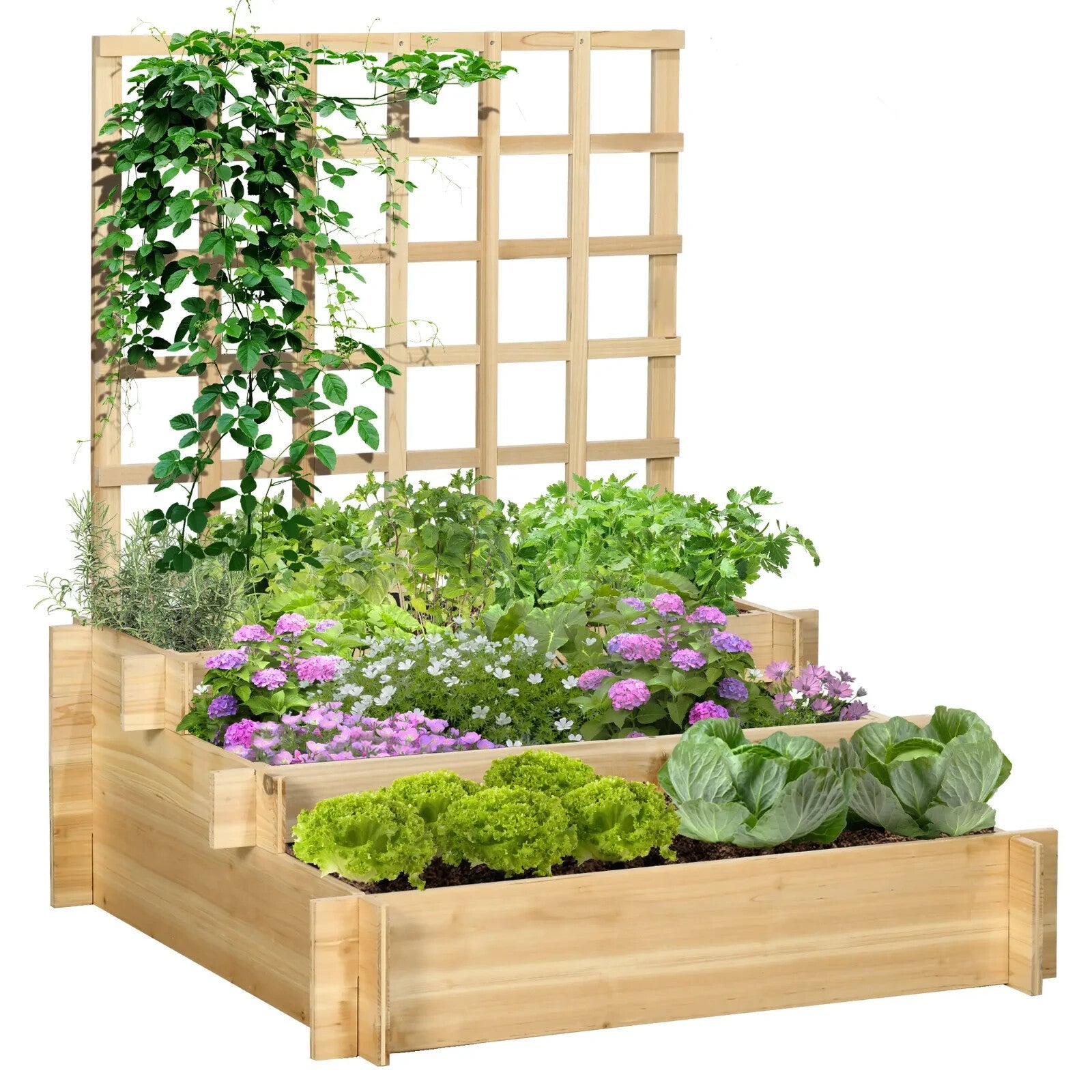 3 Tier Garden Planters w/ Trellis Wood Raised Beds for Vine Climbing 95x95x110cm - Home and Garden Furniture Shop - rustic - furniture