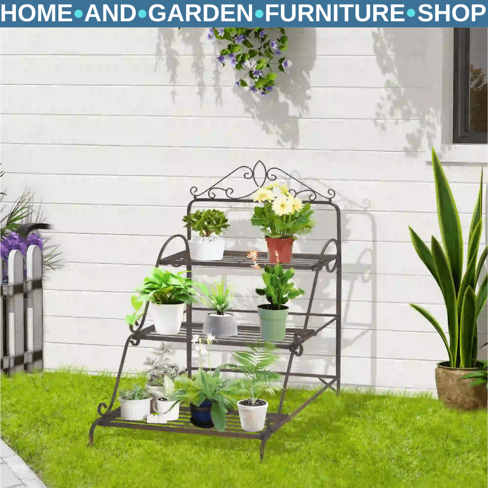 3 Tier Metal Plant Stand Flower Pot Holder Display Shelf For Indoor Outdoor - Home and Garden Furniture Shop - rustic - furniture