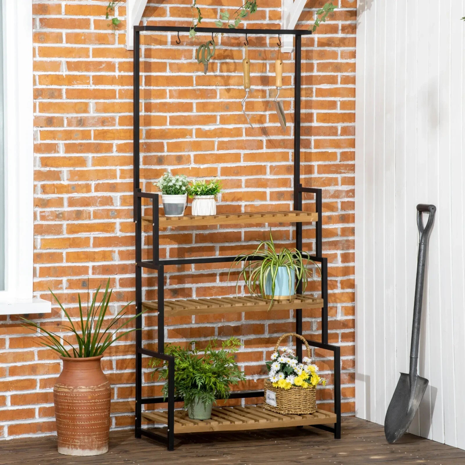 3 Tier Plant Stand w/ Hooks Indoor Outdoor Flower Rack Balcony Garden Shelf Unit - Home and Garden Furniture Shop - rustic - furniture