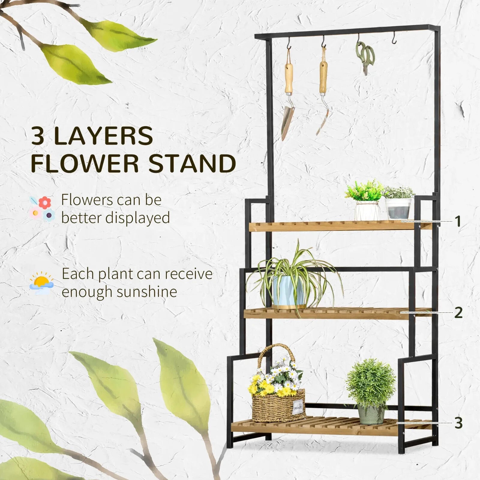 3 Tier Plant Stand w/ Hooks Indoor Outdoor Flower Rack Balcony Garden Shelf Unit - Home and Garden Furniture Shop - rustic - furniture
