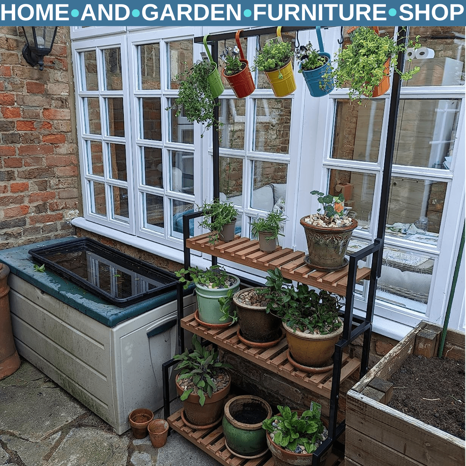 3 Tier Plant Stand w/ Hooks Indoor Outdoor Flower Rack Balcony Garden Shelf Unit - Home and Garden Furniture Shop - rustic - furniture