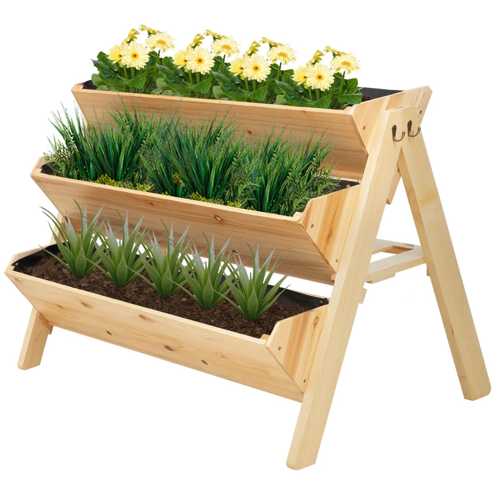 3 Tier Wooden Garden Plant Stand Raised Flower Bed with Hooks and Storage Shelf - Home and Garden Furniture Shop - rustic - furniture