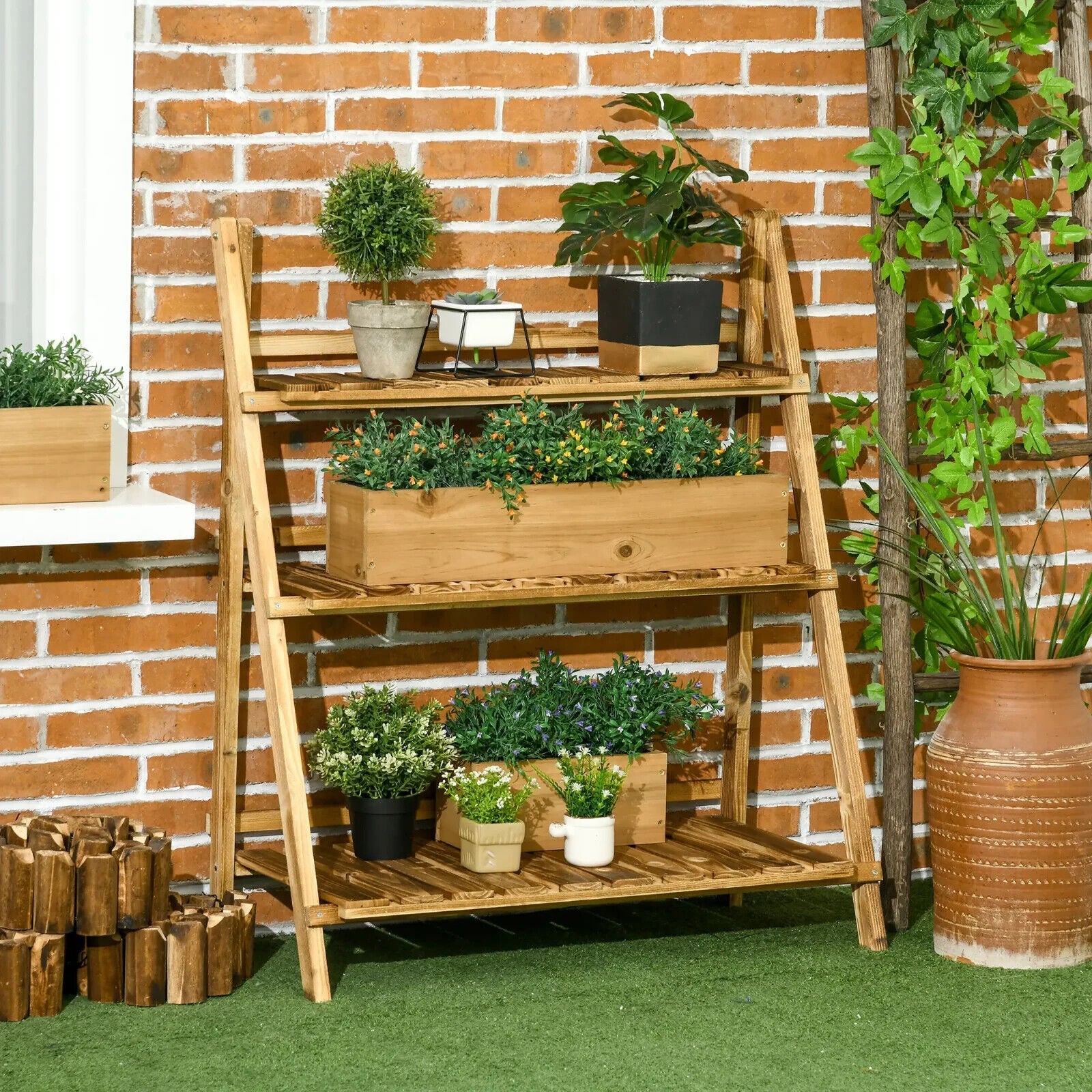 3 Tier Wooden Garden Planter Stand with Shelves Flower Pot Display Rack Outdoor - Home and Garden Furniture Shop - #rustic - furniture#
