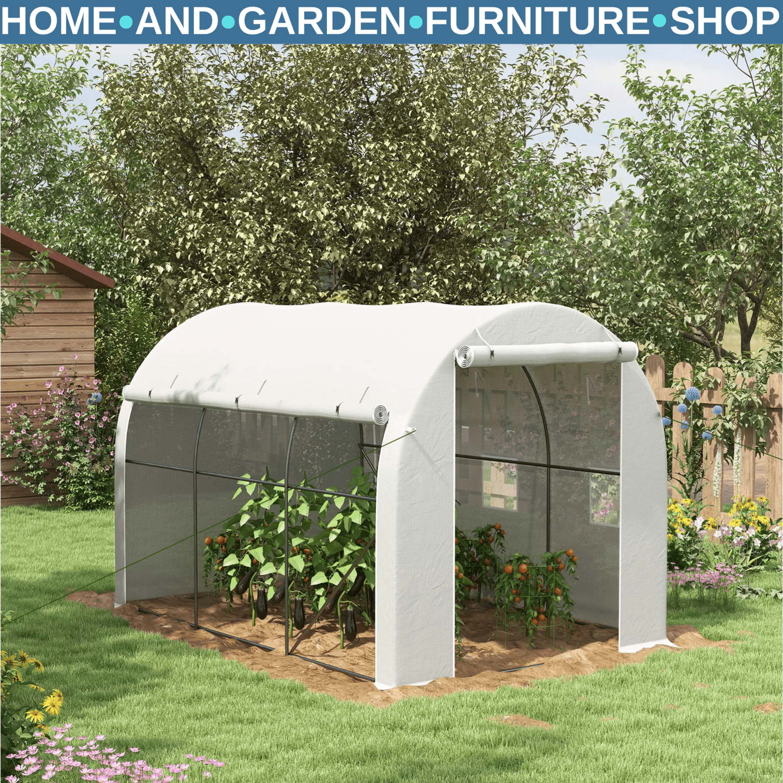 3 x 2 m Walk - In Polytunnel Greenhouse with PE Cover, Mesh Windows & Zipped Door - Home and Garden Furniture Shop - rustic - furniture