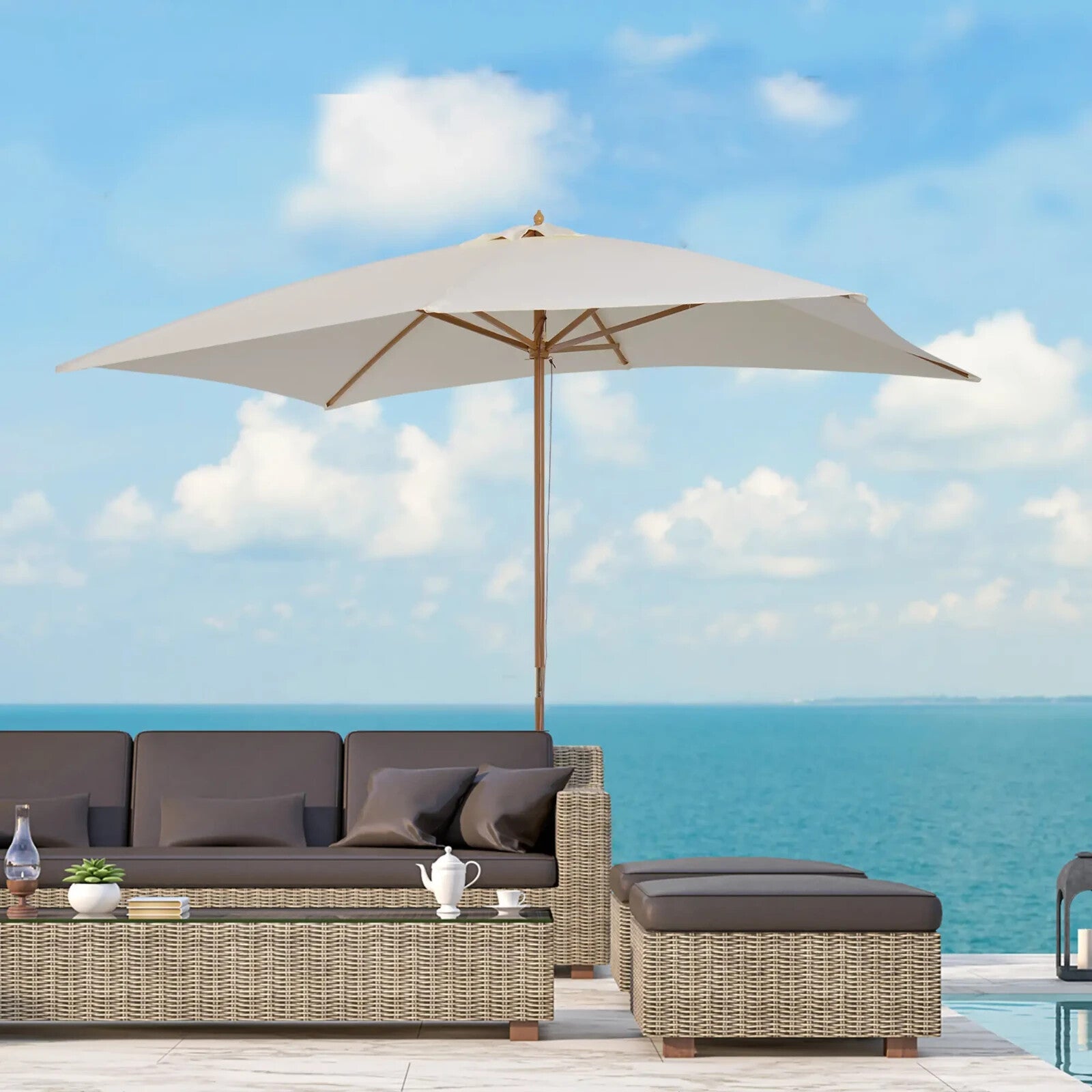 3 x 2m Wooden Patio Parasol Garden Sun Umbrella Outdoor Shade Push Button - Home and Garden Furniture Shop - rustic - furniture