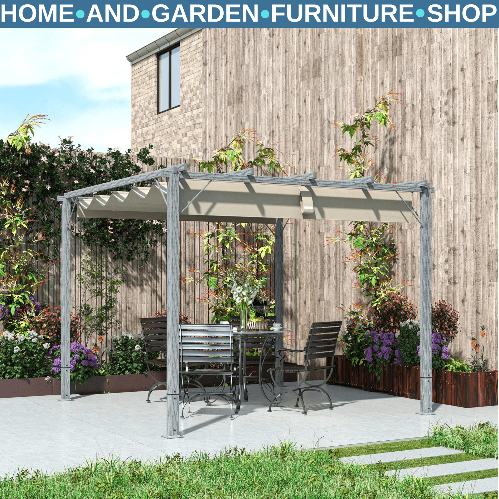3 x 3 m Garden Pergola with Retractable Roof Canopy Aluminium Frame Gazebo Kit - Home and Garden Furniture Shop - rustic - furniture