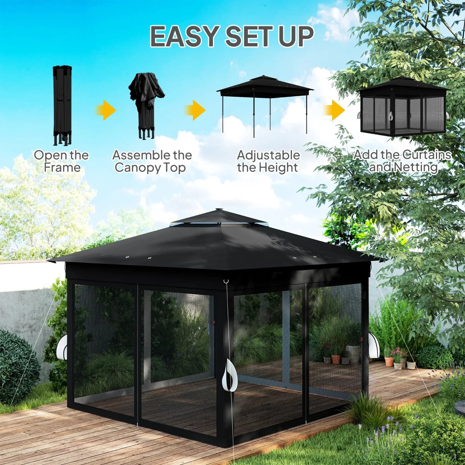 3 x 3 m Pop Up Gazebo with Sides Curtains Roof Solar LED Lights Black Party Tent - Home and Garden Furniture Shop - rustic - furniture