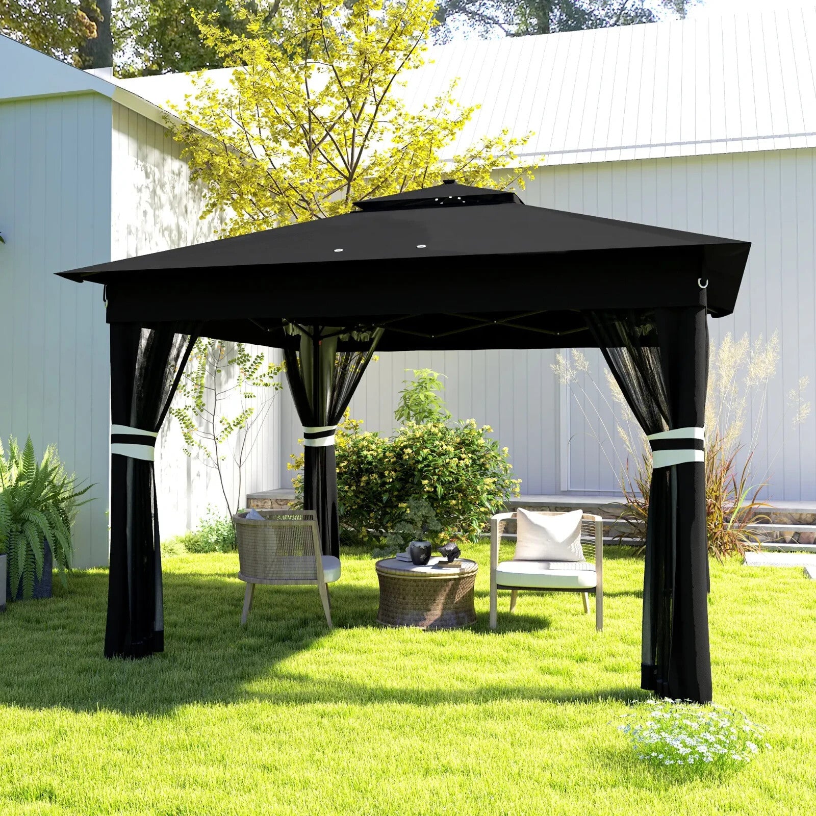 3 x 3 m Pop Up Gazebo with Sides Curtains Roof Solar LED Lights Black Party Tent - Home and Garden Furniture Shop - rustic - furniture