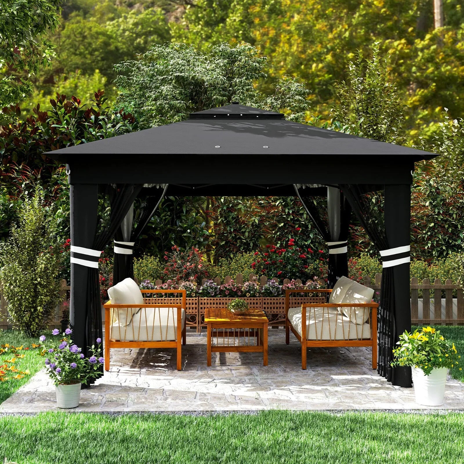 3 x 3 m Pop Up Gazebo with Sides Curtains Roof Solar LED Lights Black Party Tent - Home and Garden Furniture Shop - rustic - furniture