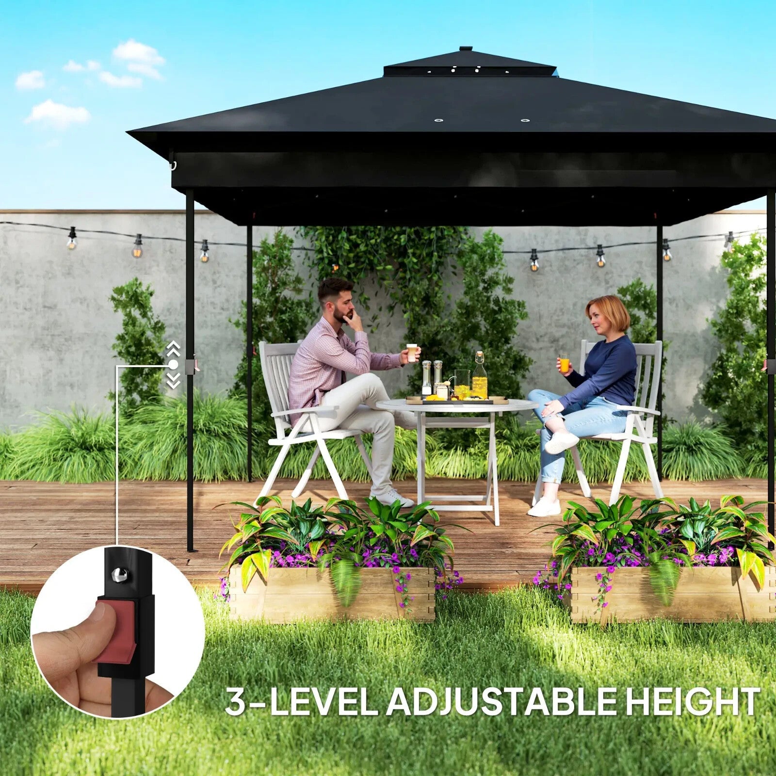 3 x 3 m Pop Up Gazebo with Sides Curtains Roof Solar LED Lights Black Party Tent - Home and Garden Furniture Shop - rustic - furniture