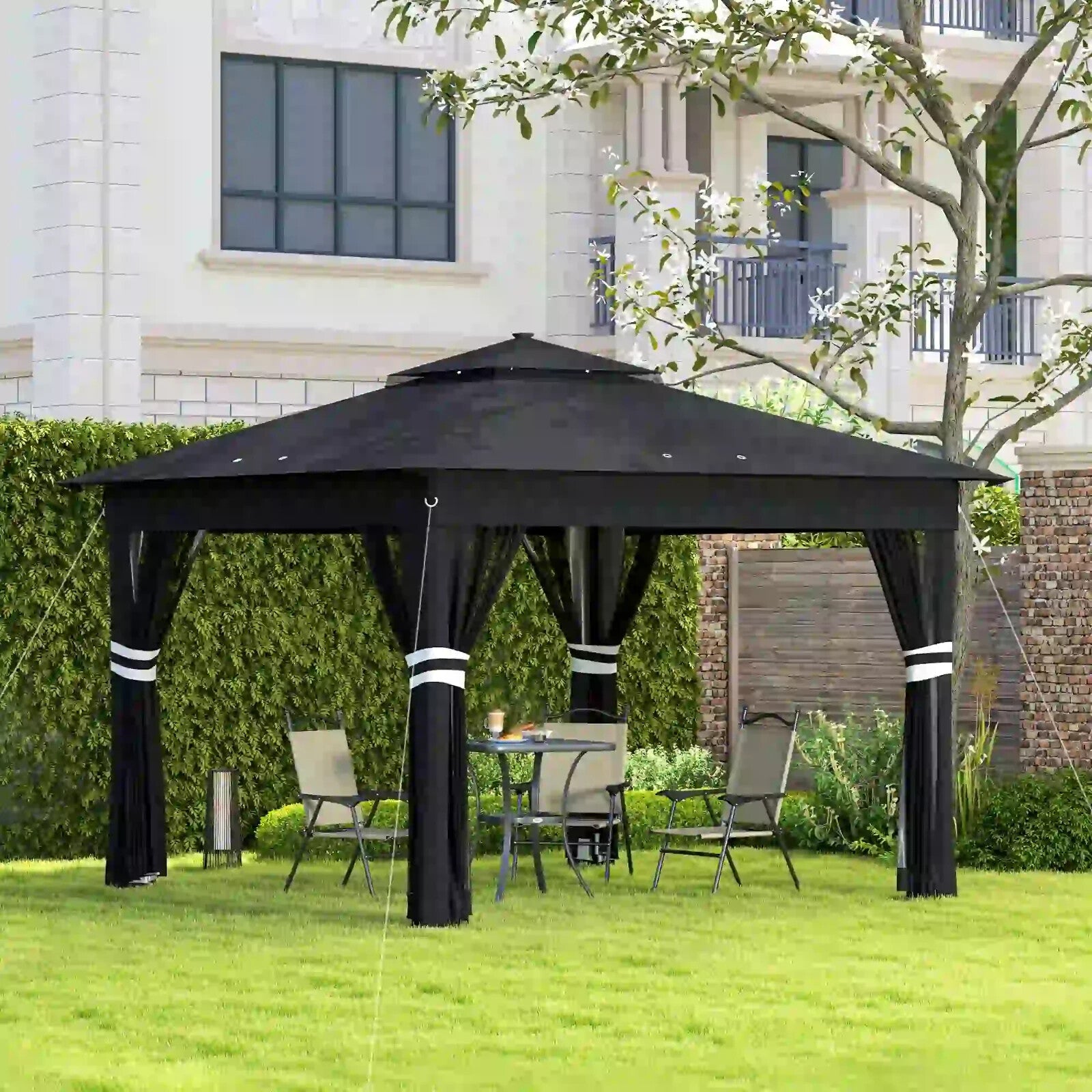 3 x 3 m Pop Up Gazebo with Sides Curtains Roof Solar LED Lights Black Party Tent - Home and Garden Furniture Shop - rustic - furniture