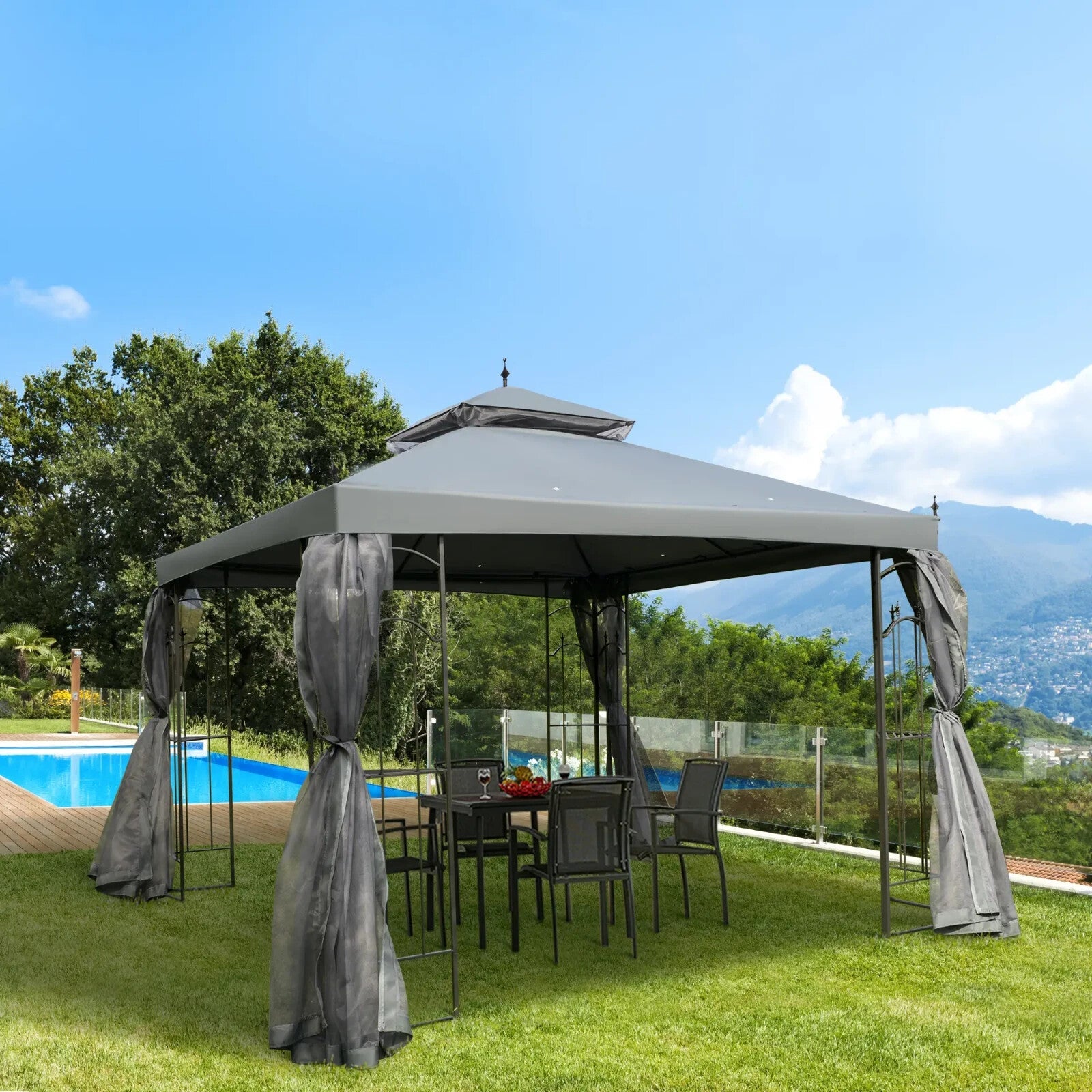 3 x 3m Garden Gazebo with Double Roof Canopy and Mesh Curtains for Outdoor Use - Home and Garden Furniture Shop - rustic - furniture