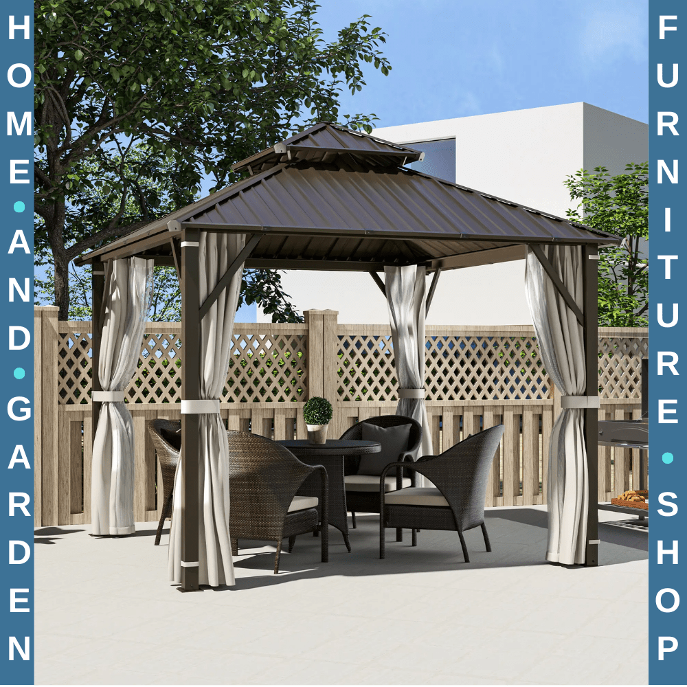 3 x 3m Hardtop Garden Gazebo with Curtains Double Roof Waterproof Patio Pavilion - Home and Garden Furniture Shop - rustic - furniture