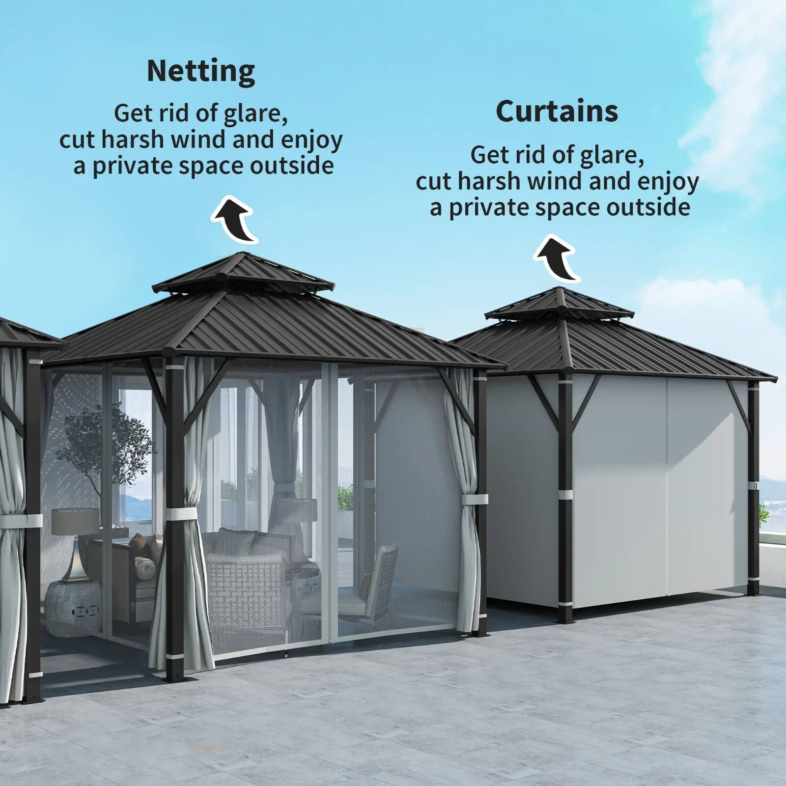 3 x 3m Hardtop Garden Gazebo with Curtains Double Roof Waterproof Patio Pavilion - Home and Garden Furniture Shop - rustic - furniture