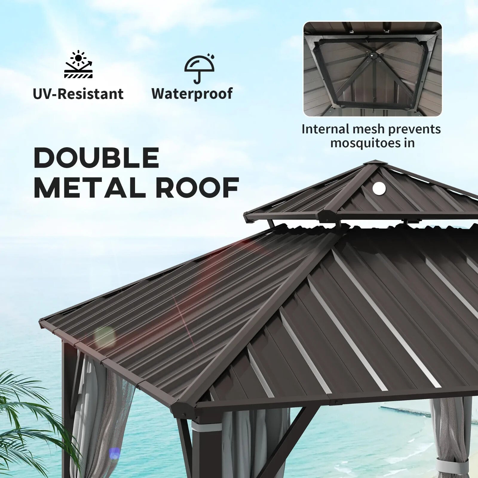 3 x 3m Hardtop Garden Gazebo with Curtains Double Roof Waterproof Patio Pavilion - Home and Garden Furniture Shop - rustic - furniture