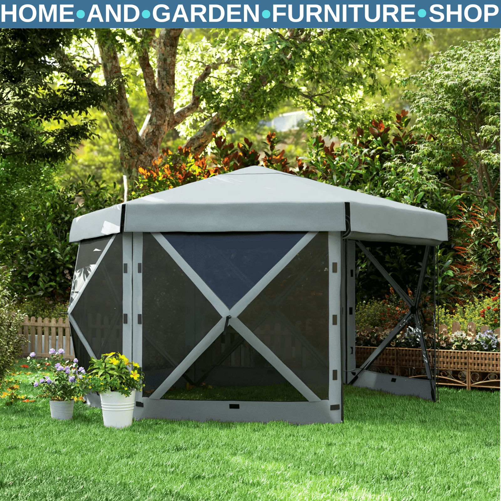 3 x 3m Hexagon Pop Up Gazebo with 5 Sides Netting Outdoor Marquee Camping Cover - Home and Garden Furniture Shop - rustic - furniture