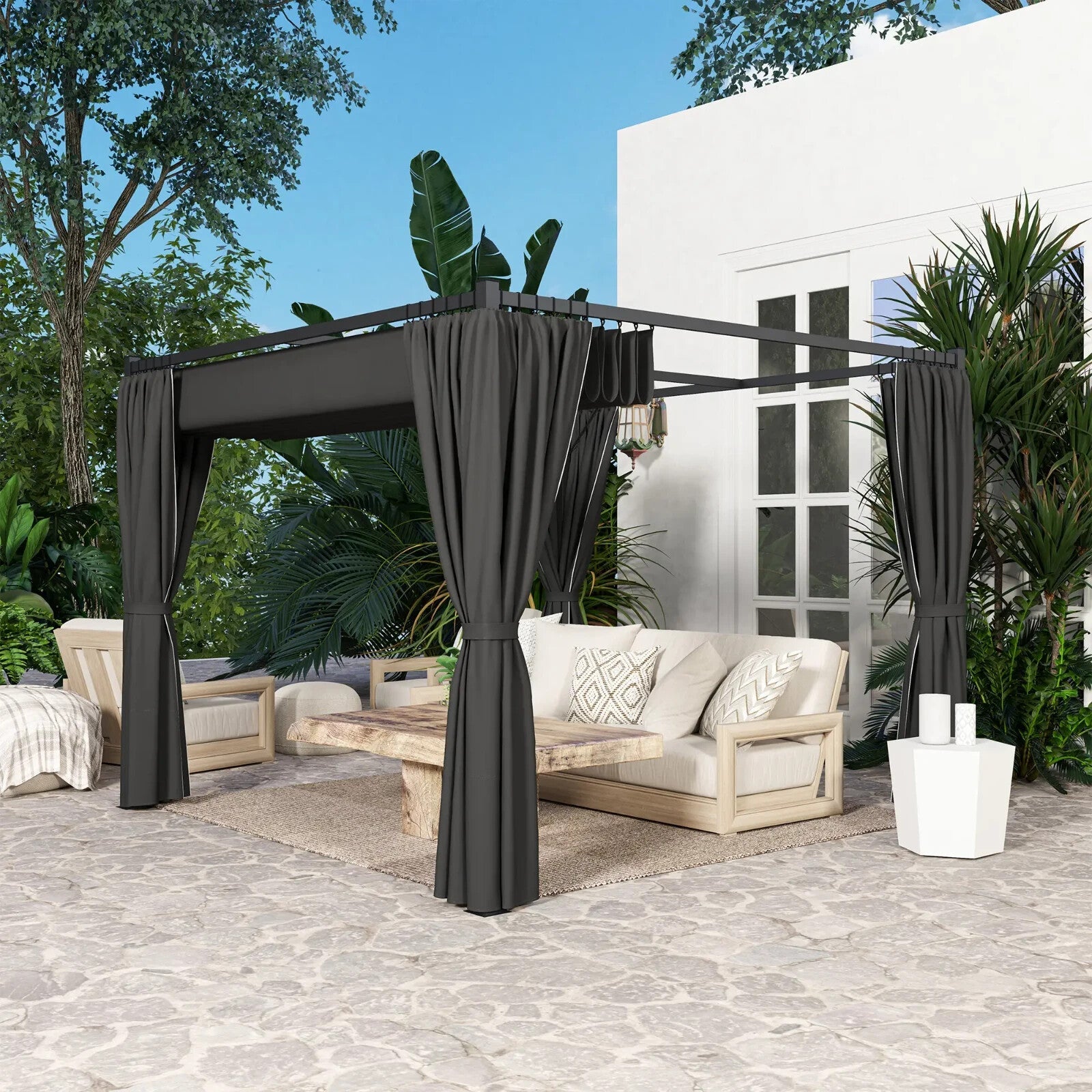 3 x 3m Metal Pergola with Retractable Roof and Curtains Grey Patio Shade Shelter - Home and Garden Furniture Shop - rustic - furniture