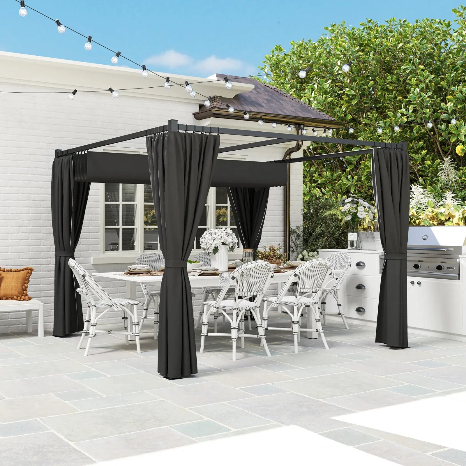 3 x 3m Metal Pergola with Retractable Roof and Curtains Grey Patio Shade Shelter - Home and Garden Furniture Shop - rustic - furniture