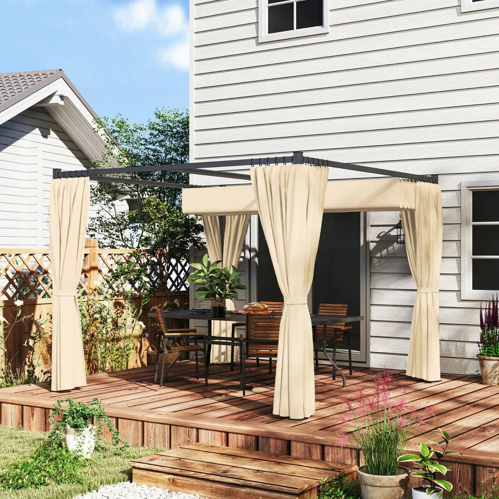 3 x 3m Pergola with Retractable Roof Curtains Outdoor Gazebo Party Tent Khaki - Home and Garden Furniture Shop - #rustic - furniture#