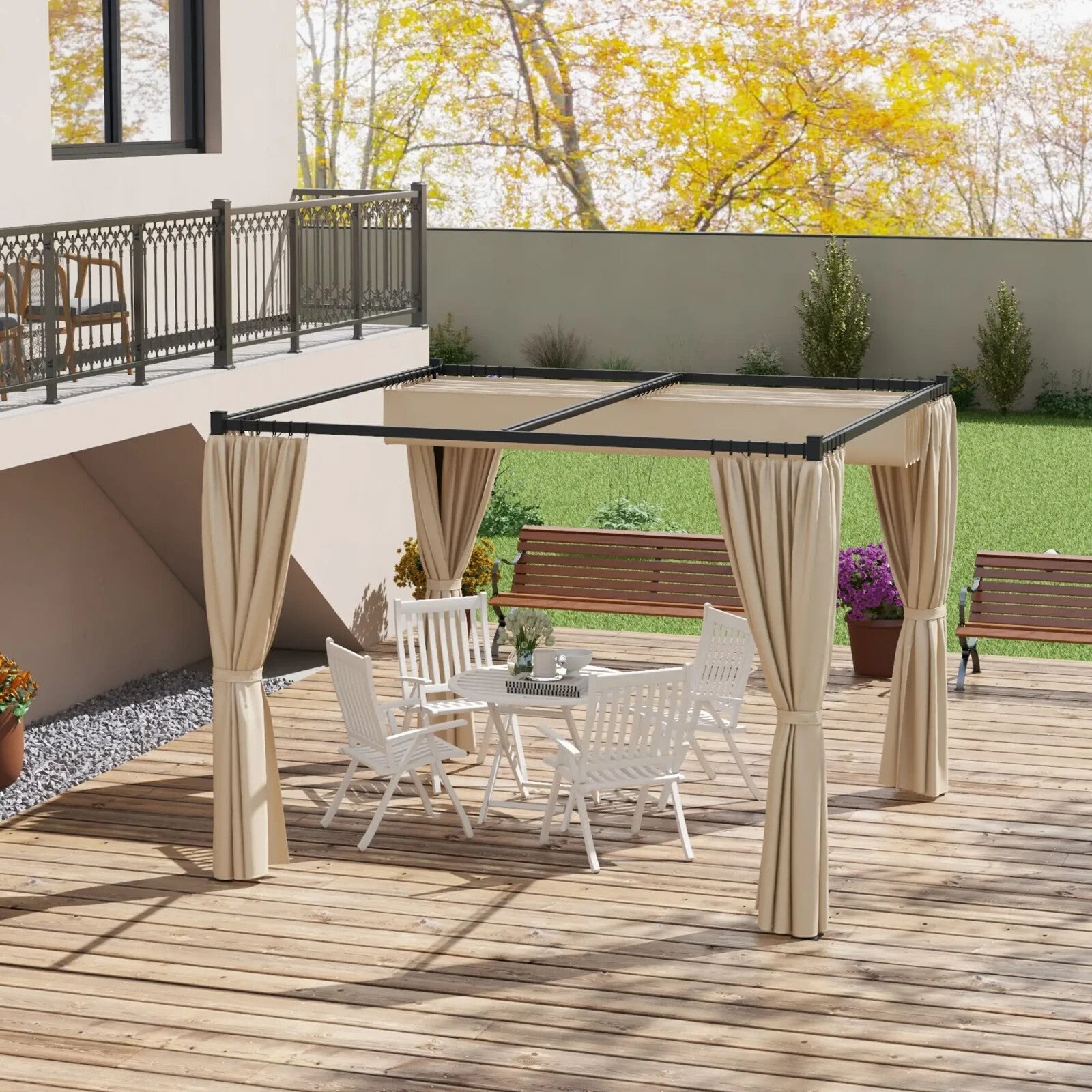 3 x 3m Retractable Pergola Gazebo with Curtains Garden Shelter Canopy for Patio - Home and Garden Furniture Shop - rustic - furniture