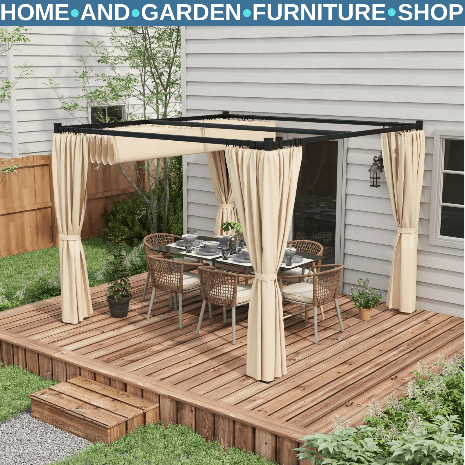 3 x 3m Retractable Pergola Gazebo with Curtains Garden Shelter Canopy for Patio - Home and Garden Furniture Shop - rustic - furniture