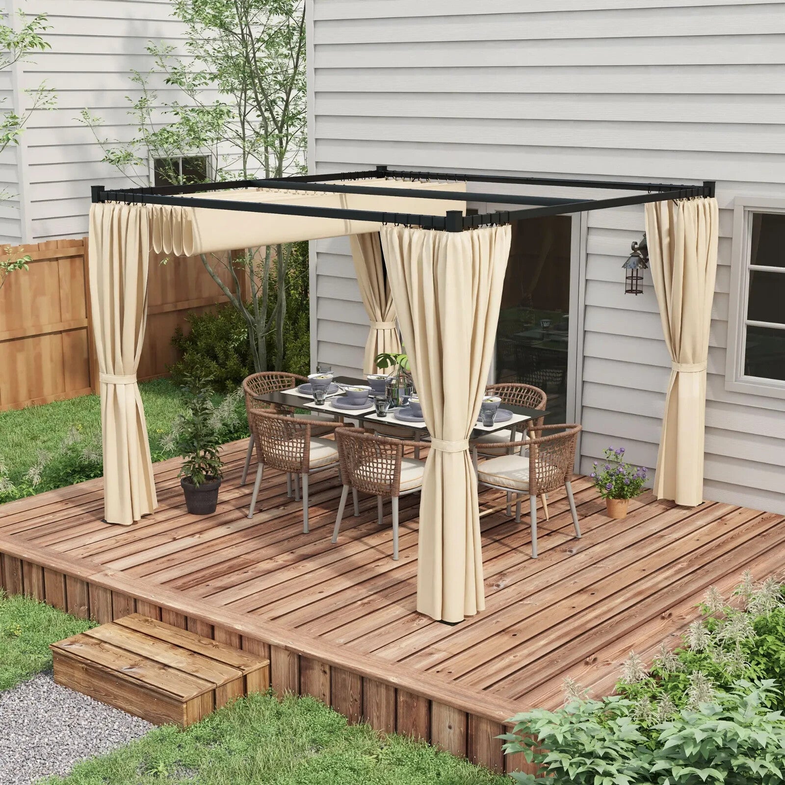 3 x 3m Retractable Pergola Gazebo with Curtains Garden Shelter Canopy for Patio - Home and Garden Furniture Shop - rustic - furniture